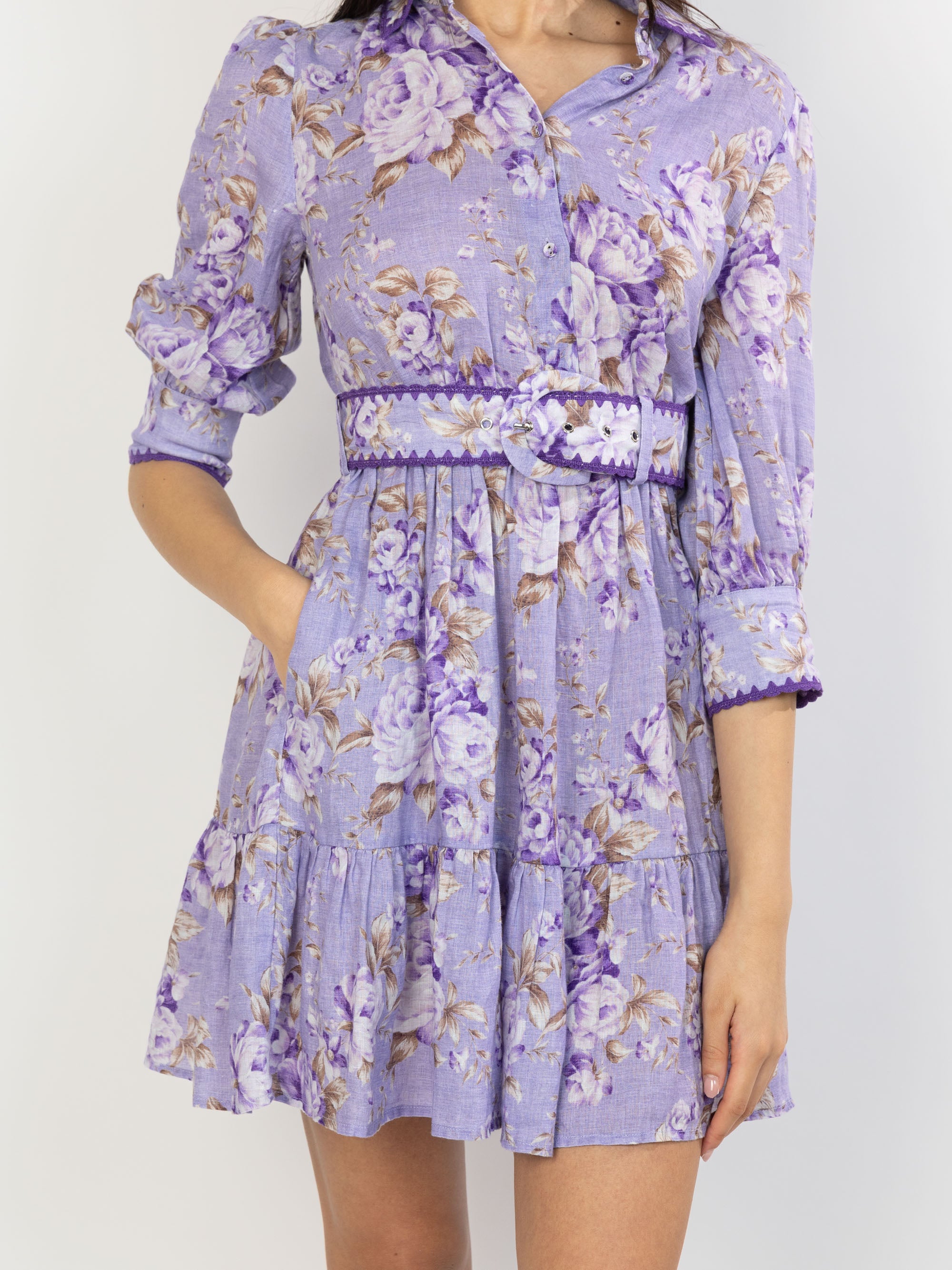 Short Purple Daisi Linen Shirt Dress