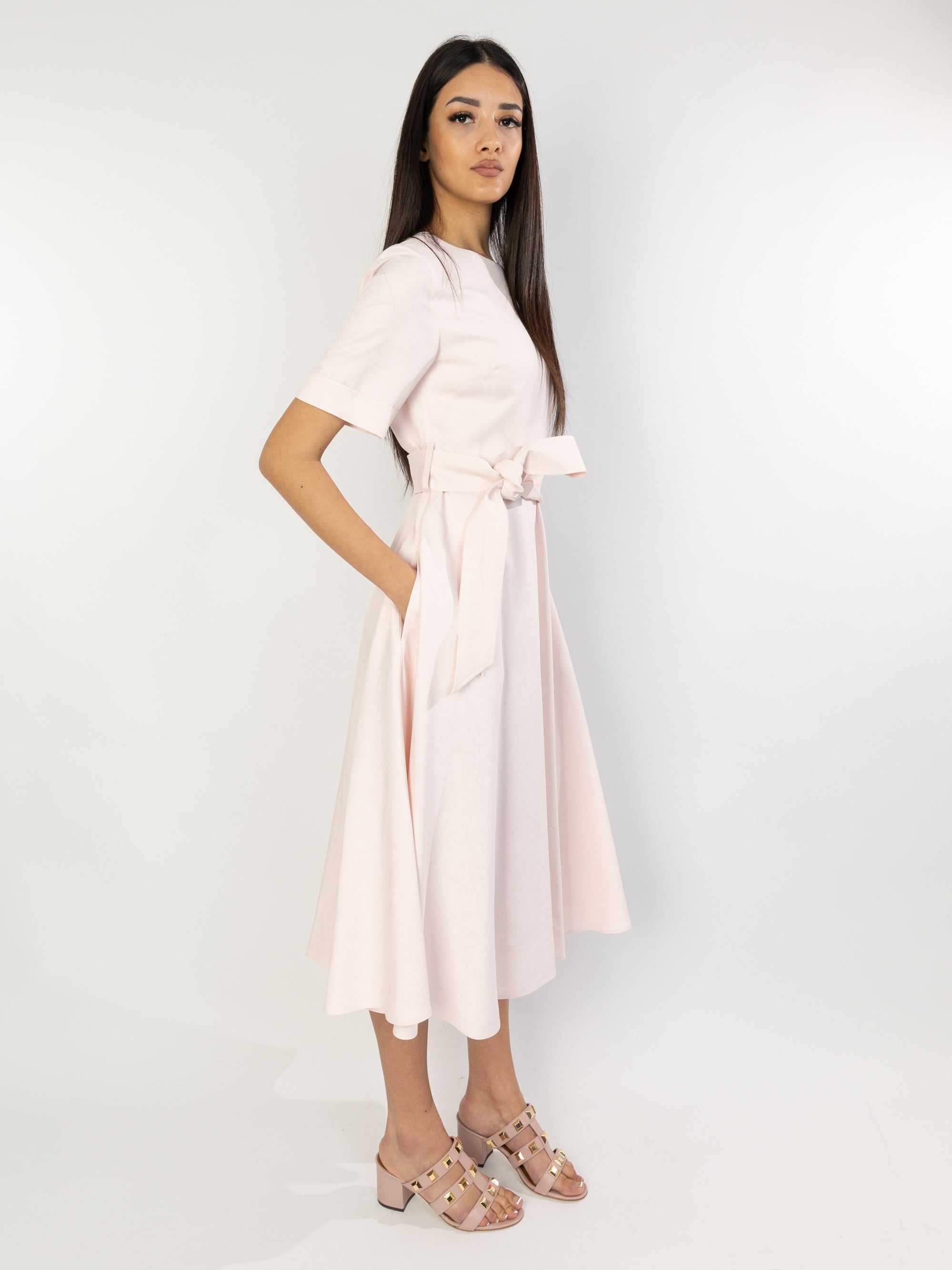 Longuette dress with peach blossom belt
