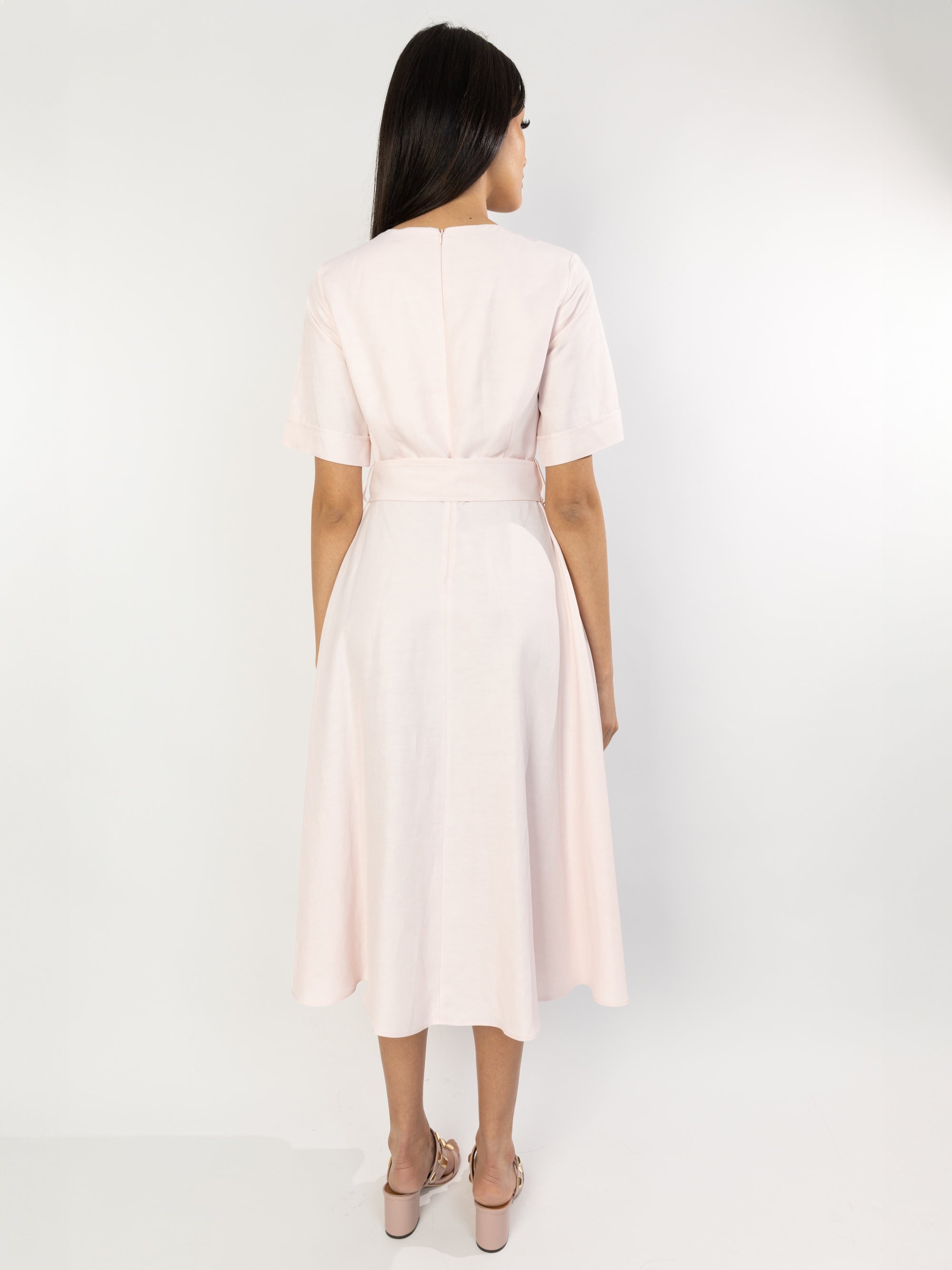 Longuette dress with peach blossom belt