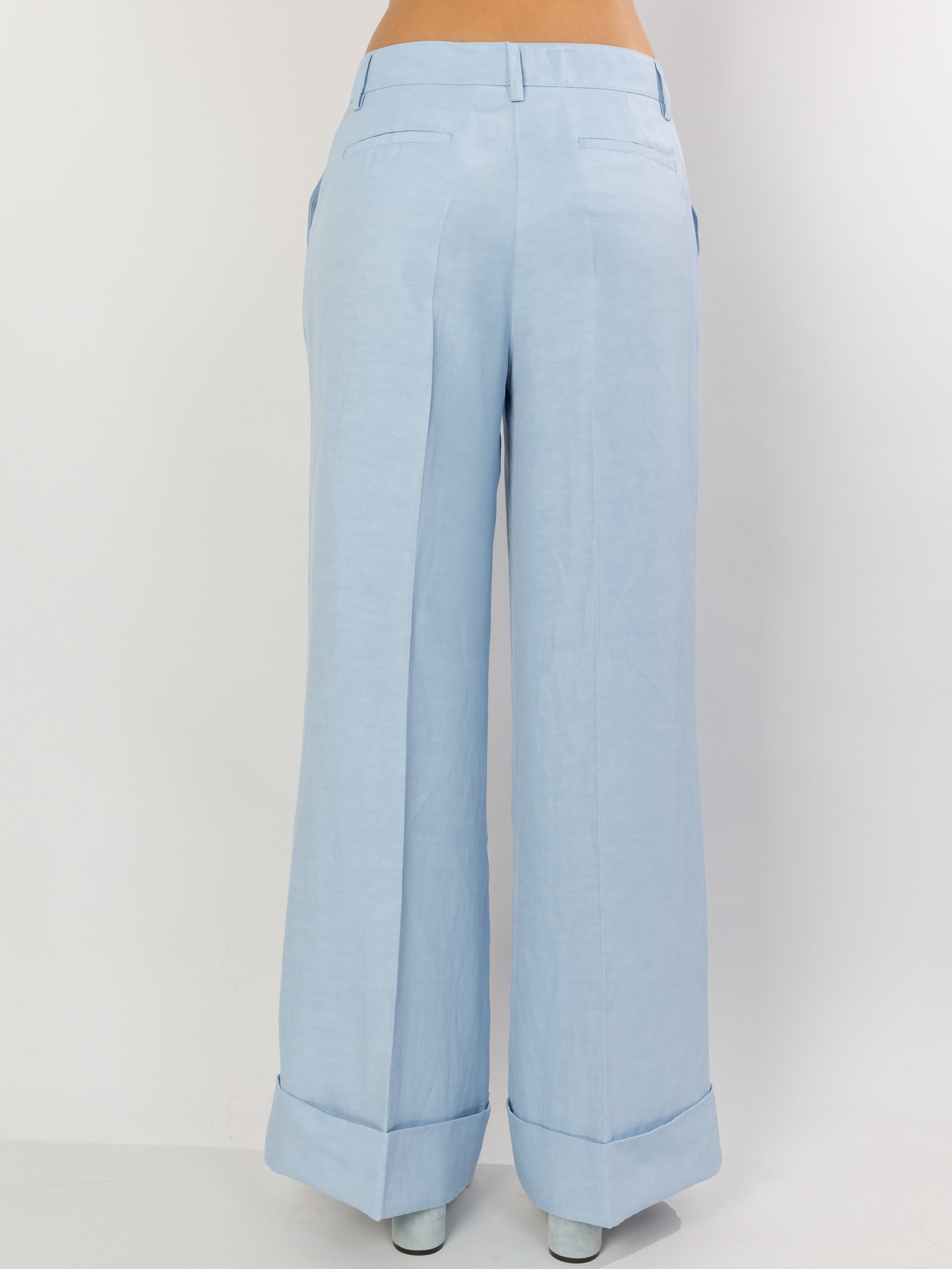 Palazzo Trousers in Linen with Powder Blue Cuff