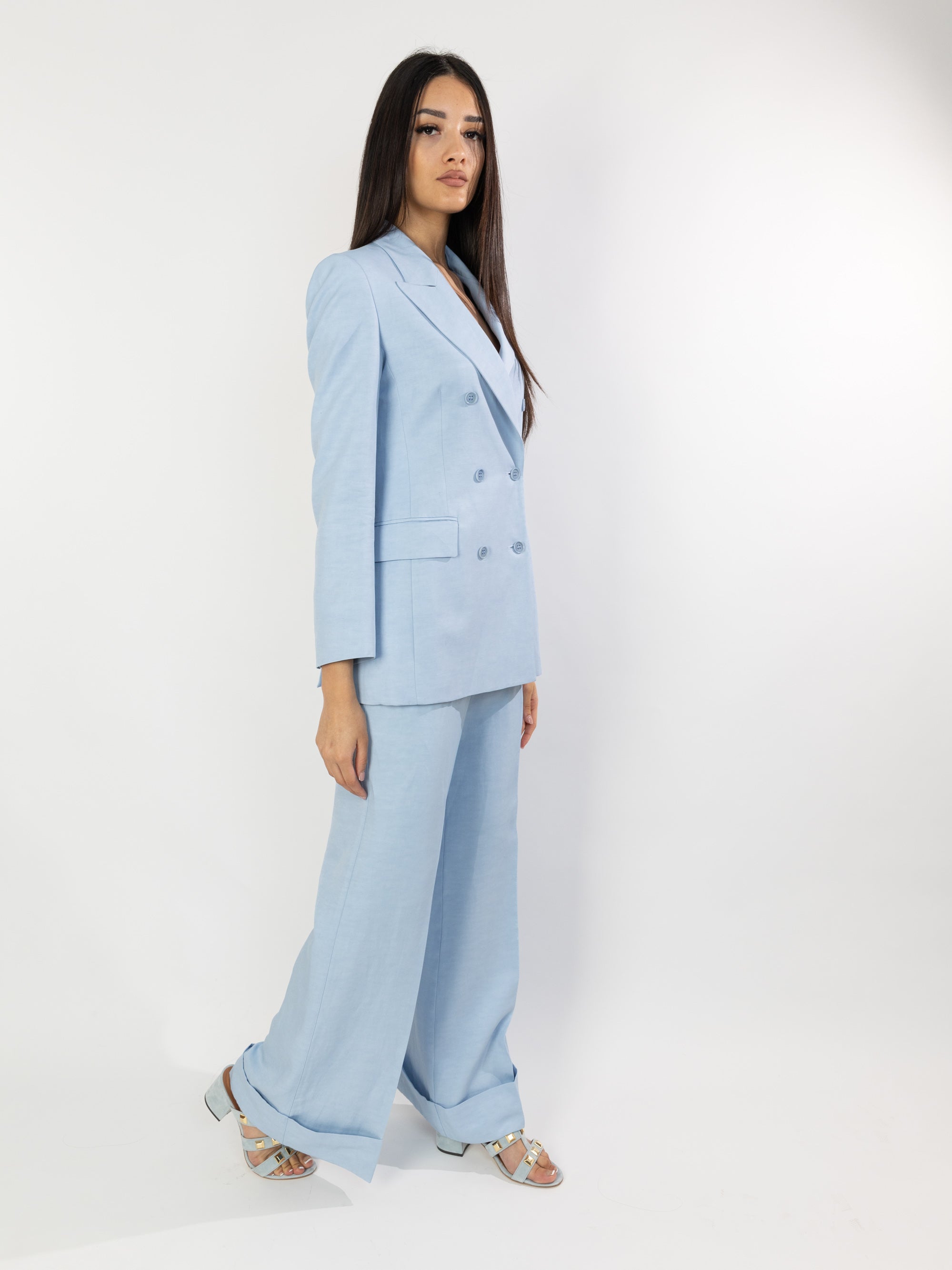 Palazzo Trousers in Linen with Powder Blue Cuff
