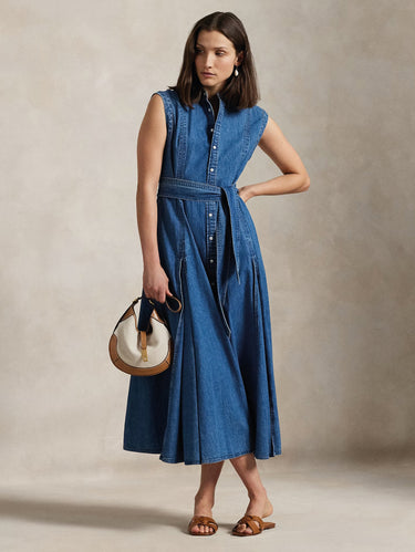 Robe chemisier trapèze en denim bleu