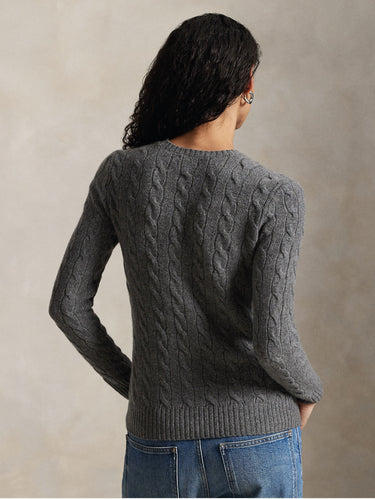 Grau melierter Strickpullover mit Zopfmuster aus Kaschmirmischung