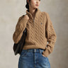 RALPH LAUREN-Maglia a Trecce in Lana con Mezza Zip Cammello-TRYME Shop