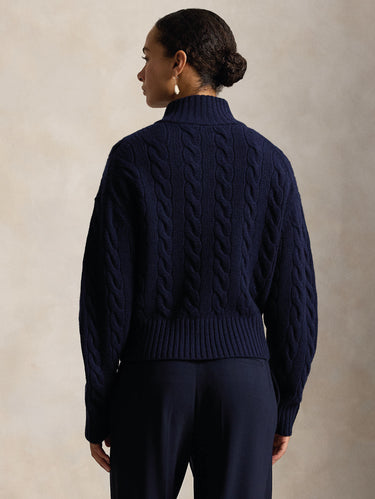 Pullover mit Zopfmuster aus Wolle mit halbem Reißverschluss in Blau