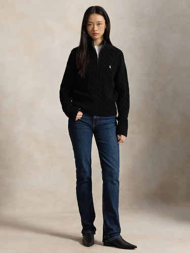 Black Wool Cable-Knit Half-Zip Sweater