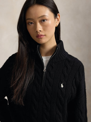 Black Wool Cable-Knit Half-Zip Sweater