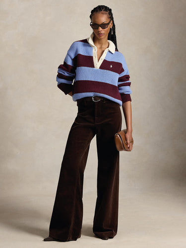 Brown/Blue Striped Rugby Polo-Style Sweater