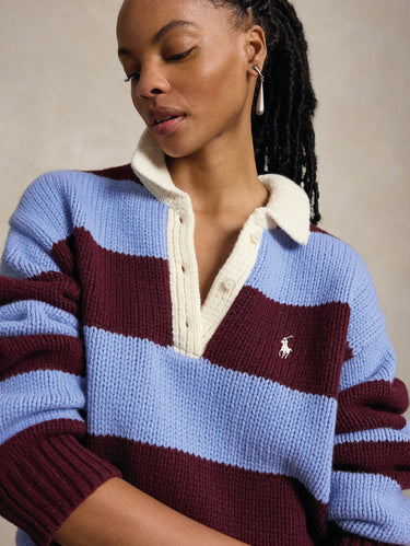 Brown/Blue Striped Rugby Polo-Style Sweater