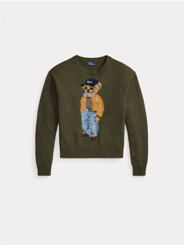 Maglione In Misto Lino e Cotone con Polo Bear Oliva