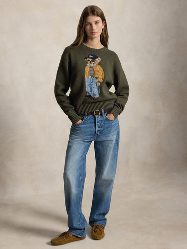 Maglione In Misto Lino e Cotone con Polo Bear Oliva