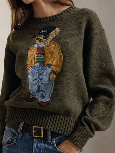 Maglione In Misto Lino e Cotone con Polo Bear Oliva