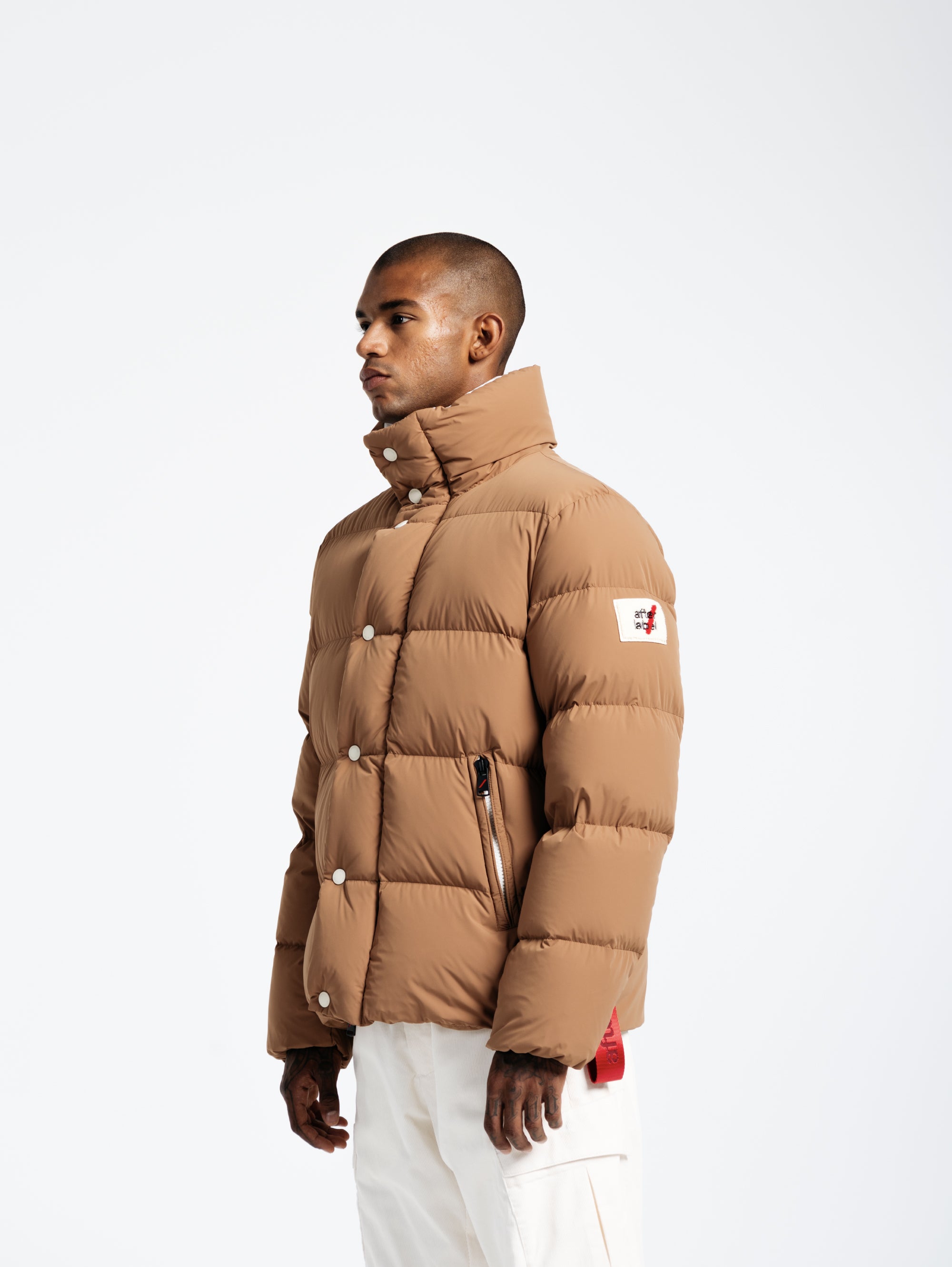 Short down jacket with high collar in matte brown nylon