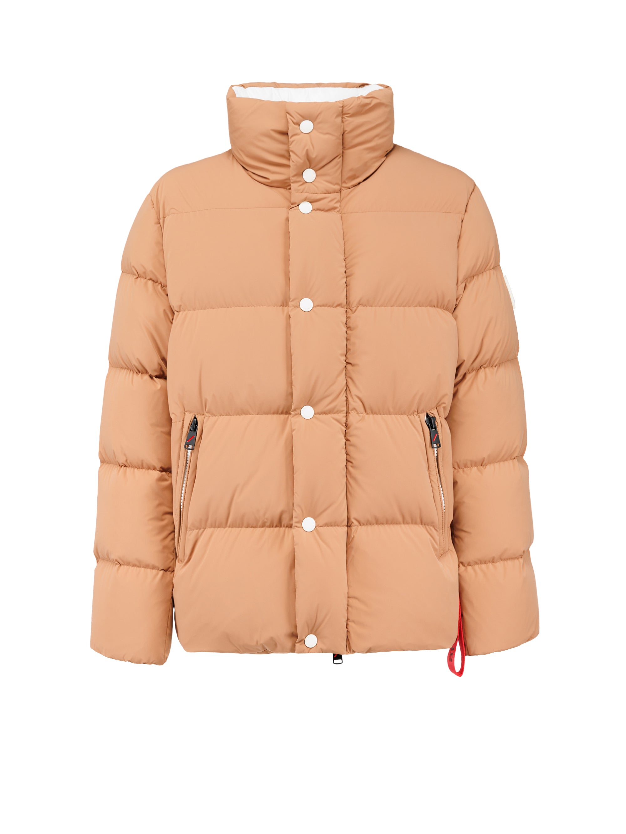 Short down jacket with high collar in matte brown nylon
