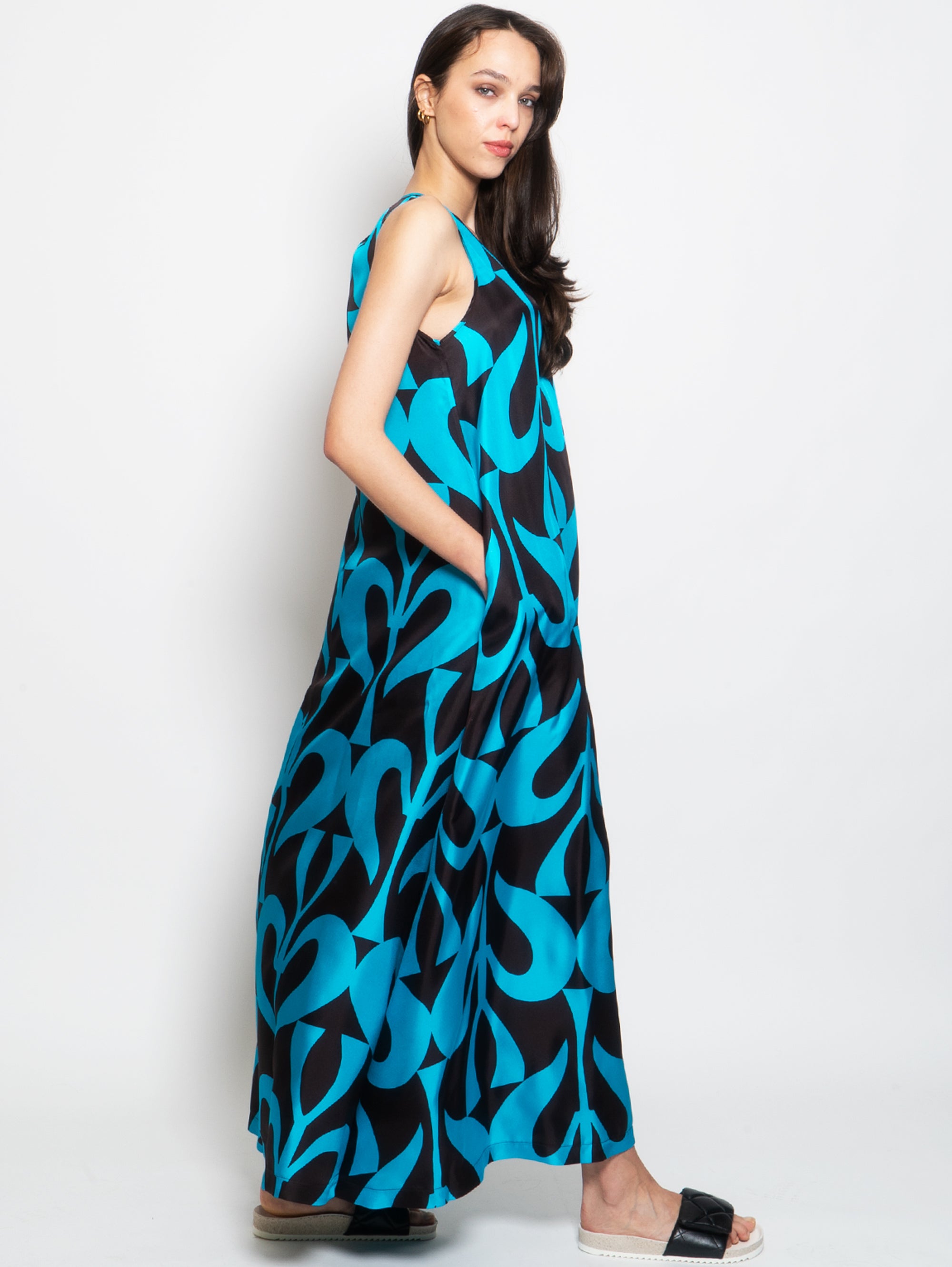 Turquoise/Brown Silk Long Dress