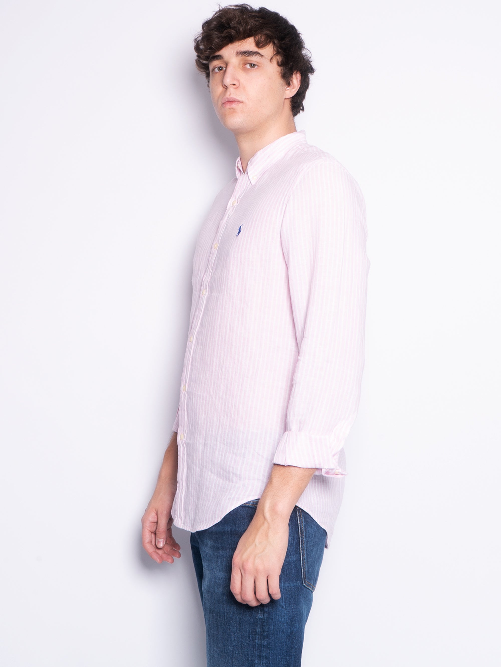 Pink/White Slim Fit Striped Linen Shirt