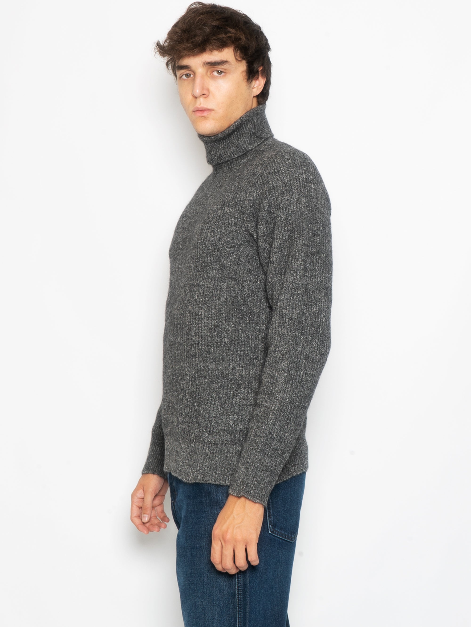 Gray English Ribbed Turtleneck Sweater