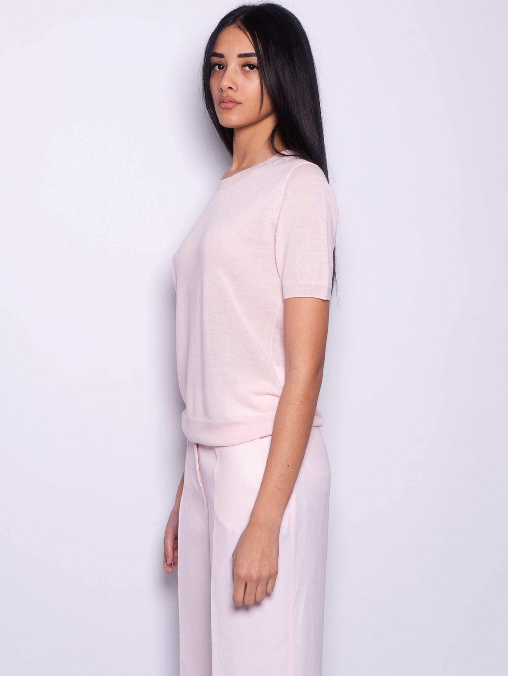 Peach Blossom Wool Blend Sweater with Short Sleeves