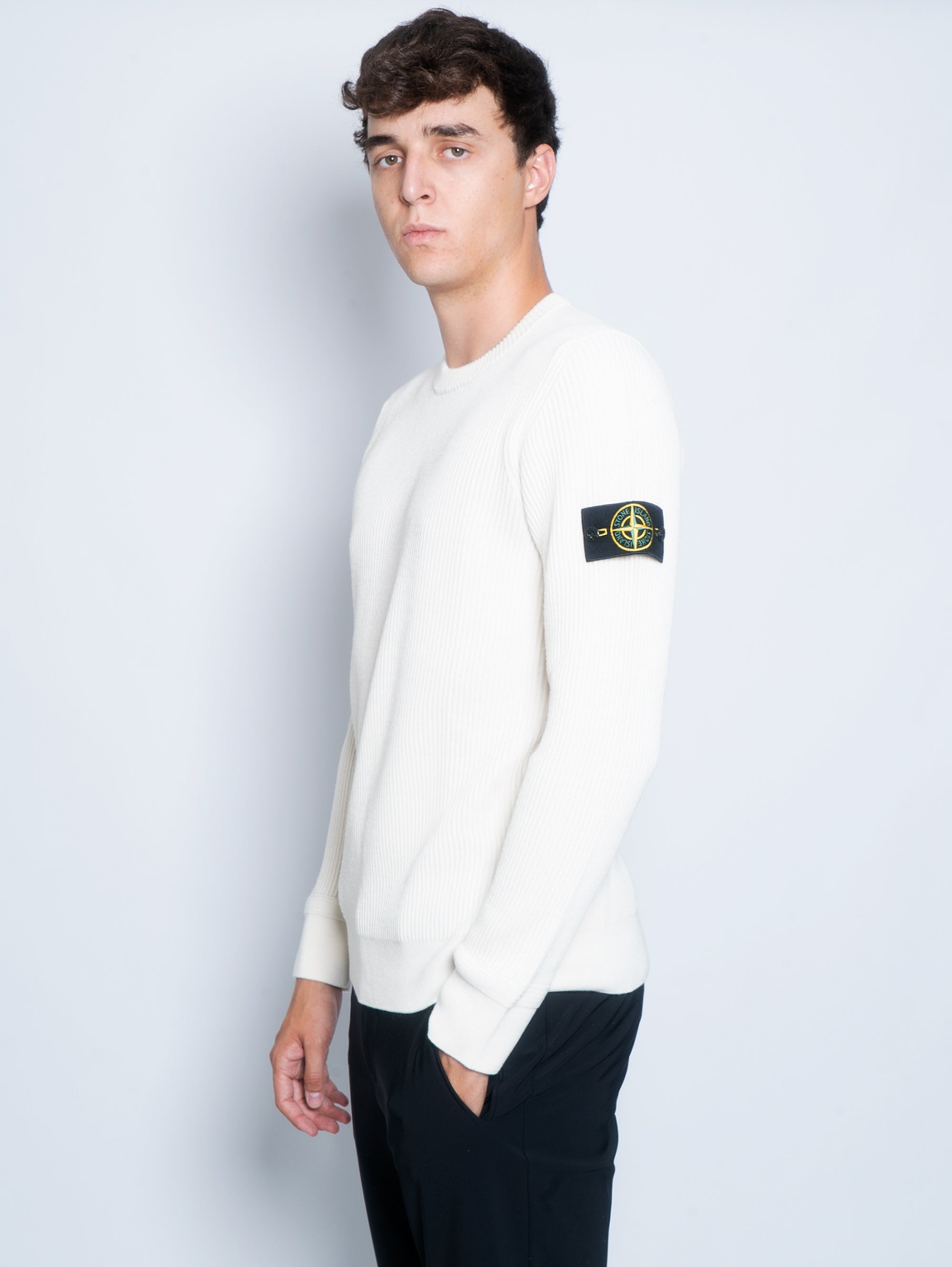 White Ribbed Crew Neck Sweater