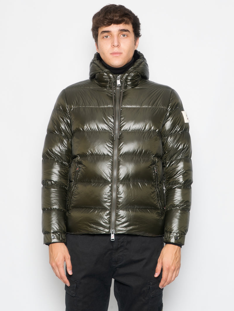 AFTER LABEL-Piumino Corto con Cappuccio in Nylon Lucido Verde-TRYME Shop