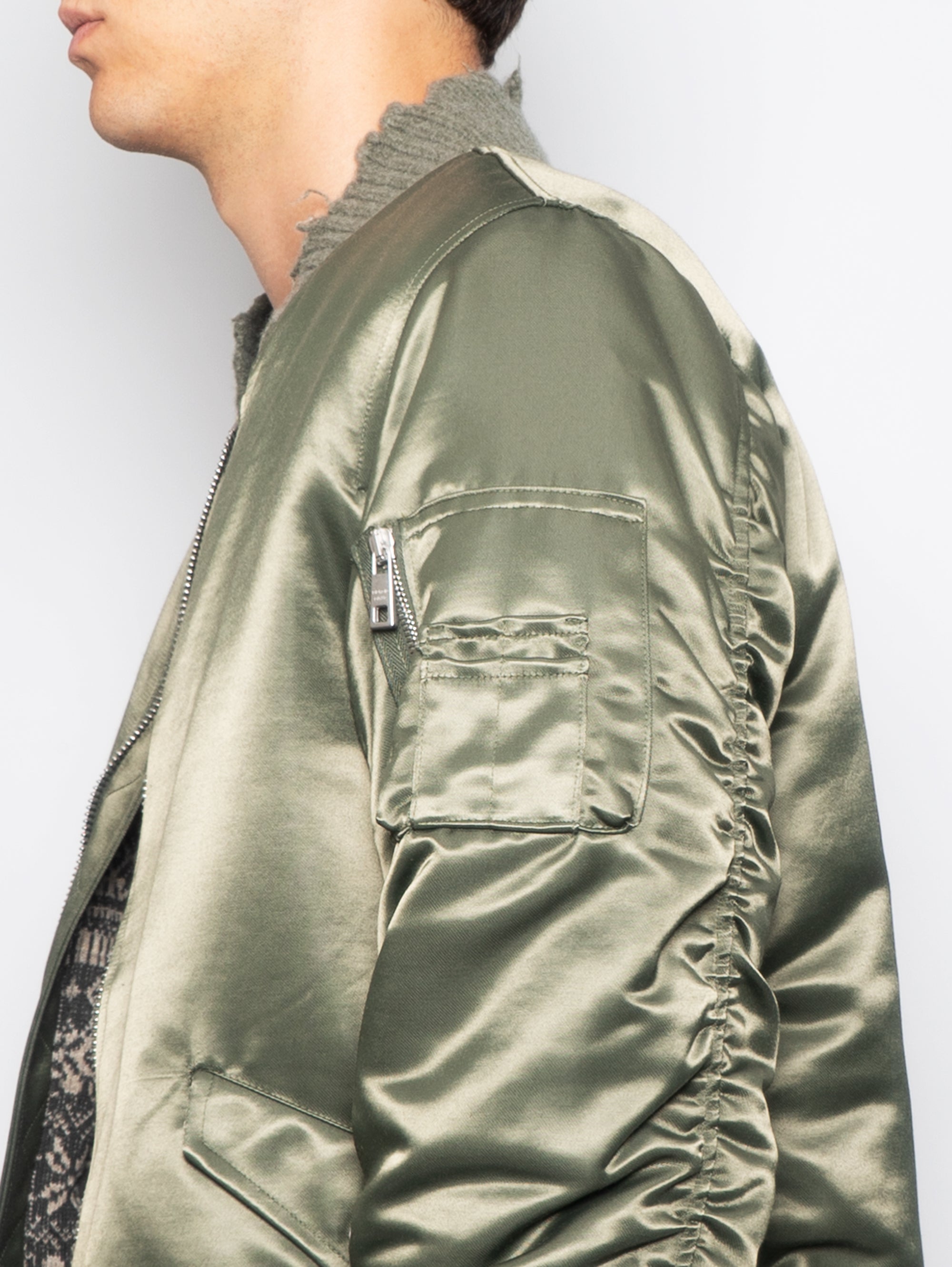 Satin Bomber Jacket with Green Wool Lining