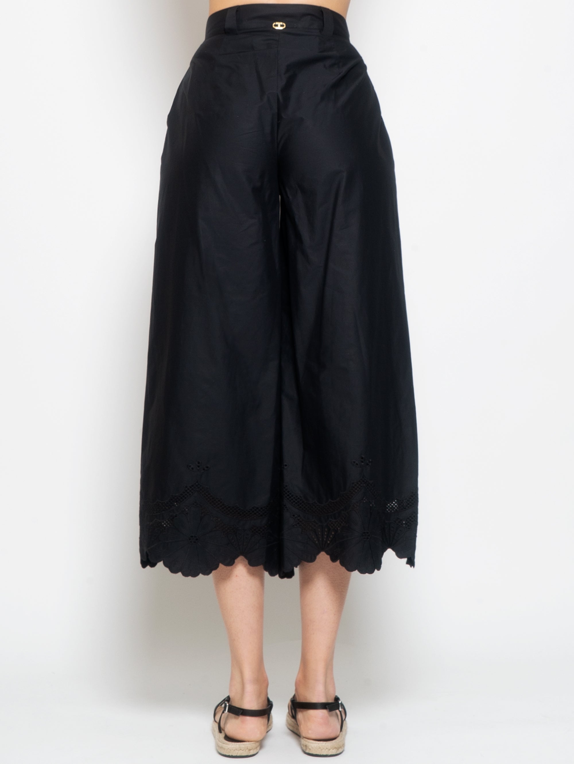 Wide Pants with Black Embroidered Hem