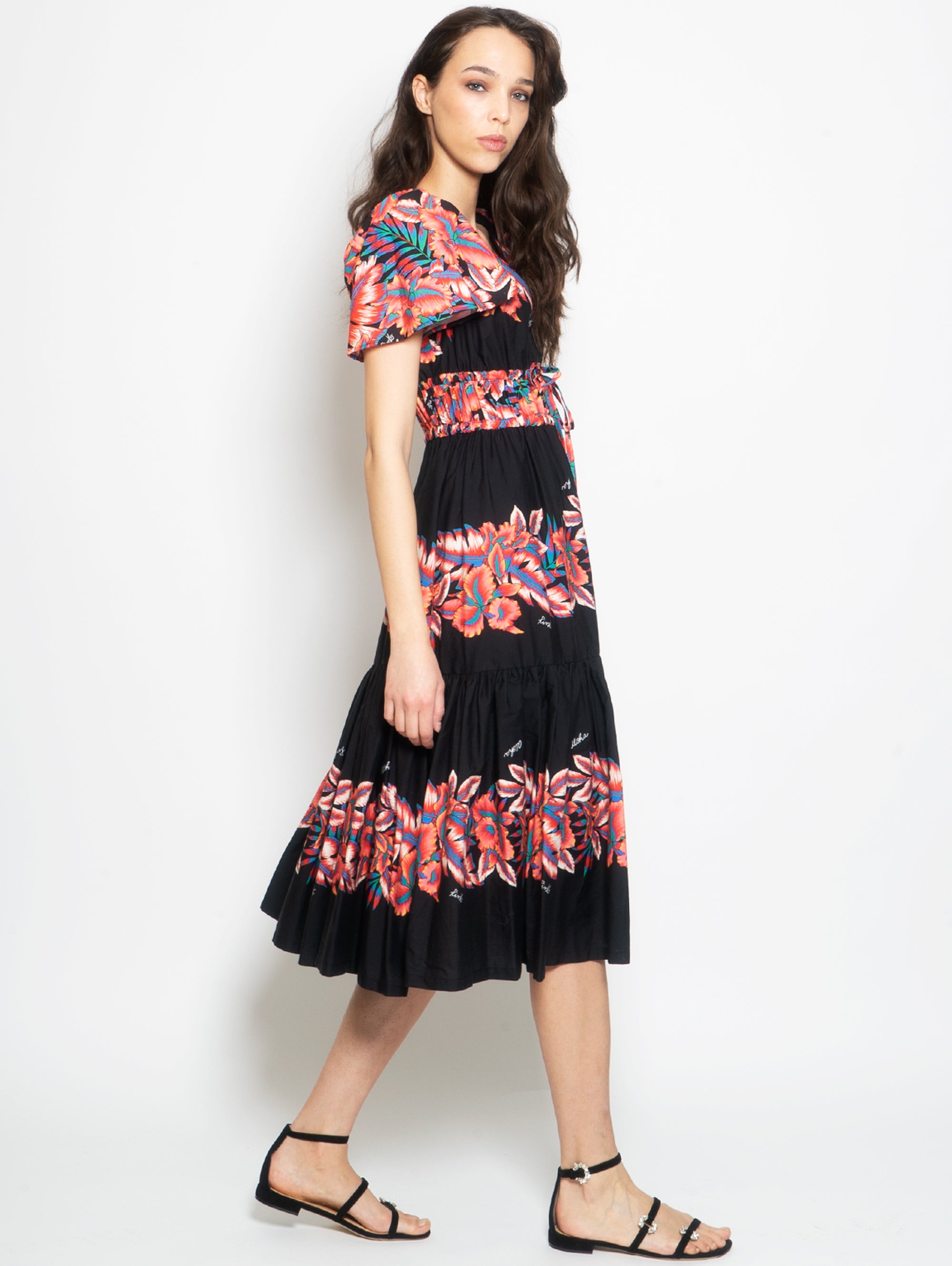 Midi Dress with Black/Red Tropical Print