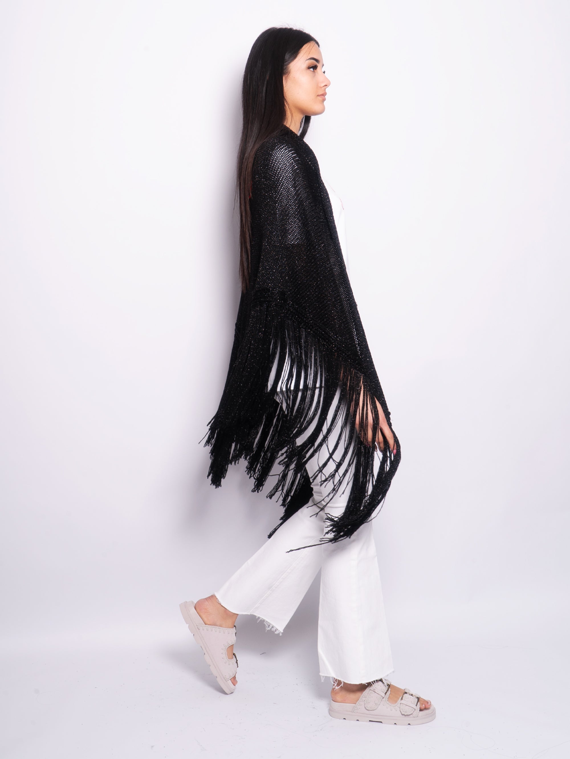 Lurex Knitted Shawl with Black Fringes