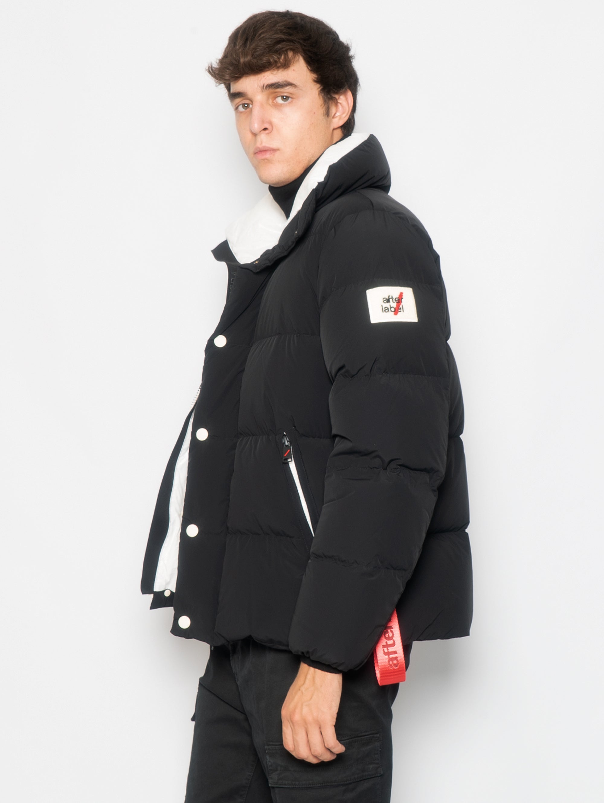 Short down jacket with high collar in matte black nylon