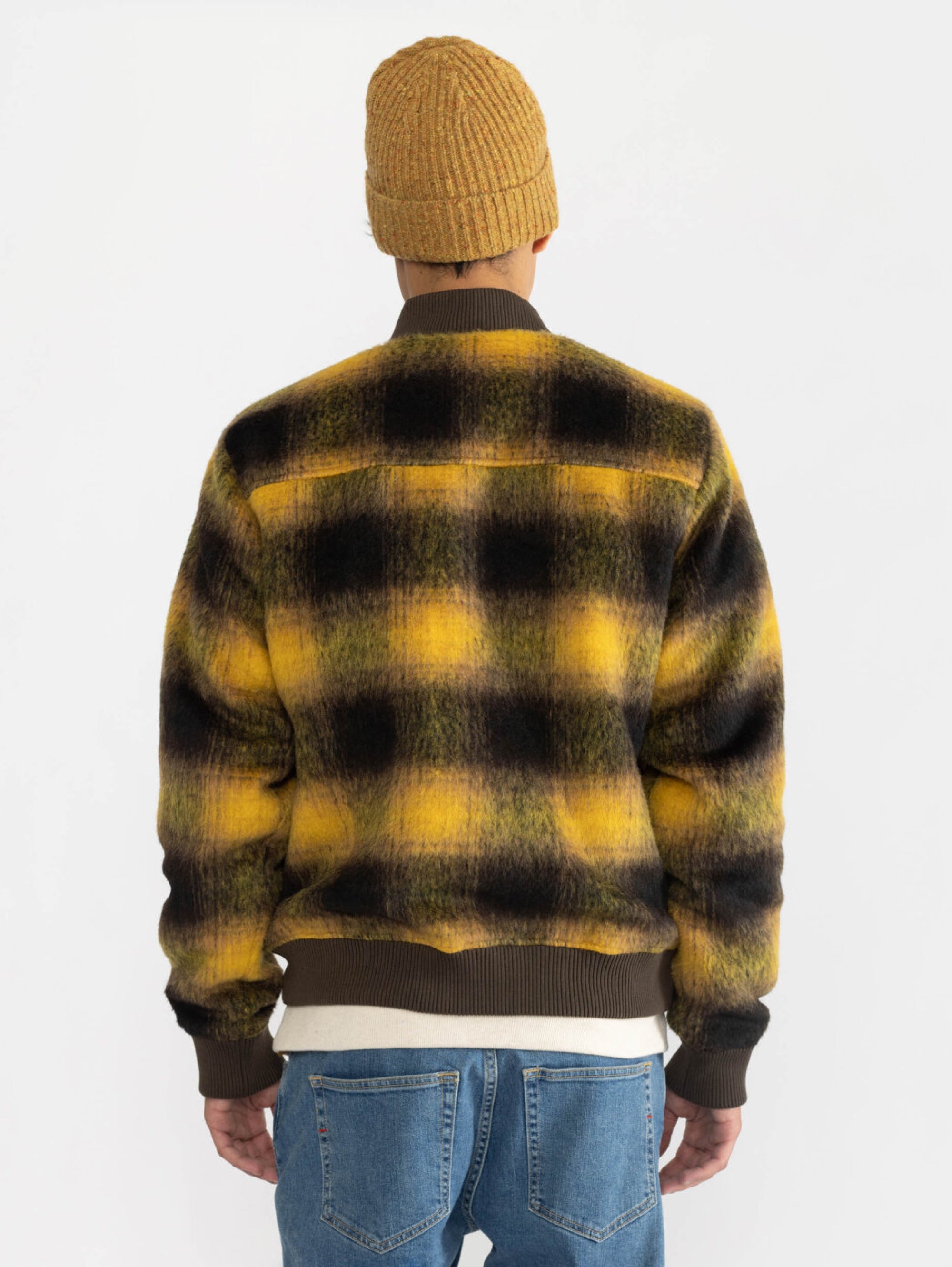 Dark Yellow Checked Fleece Bomber Jacket