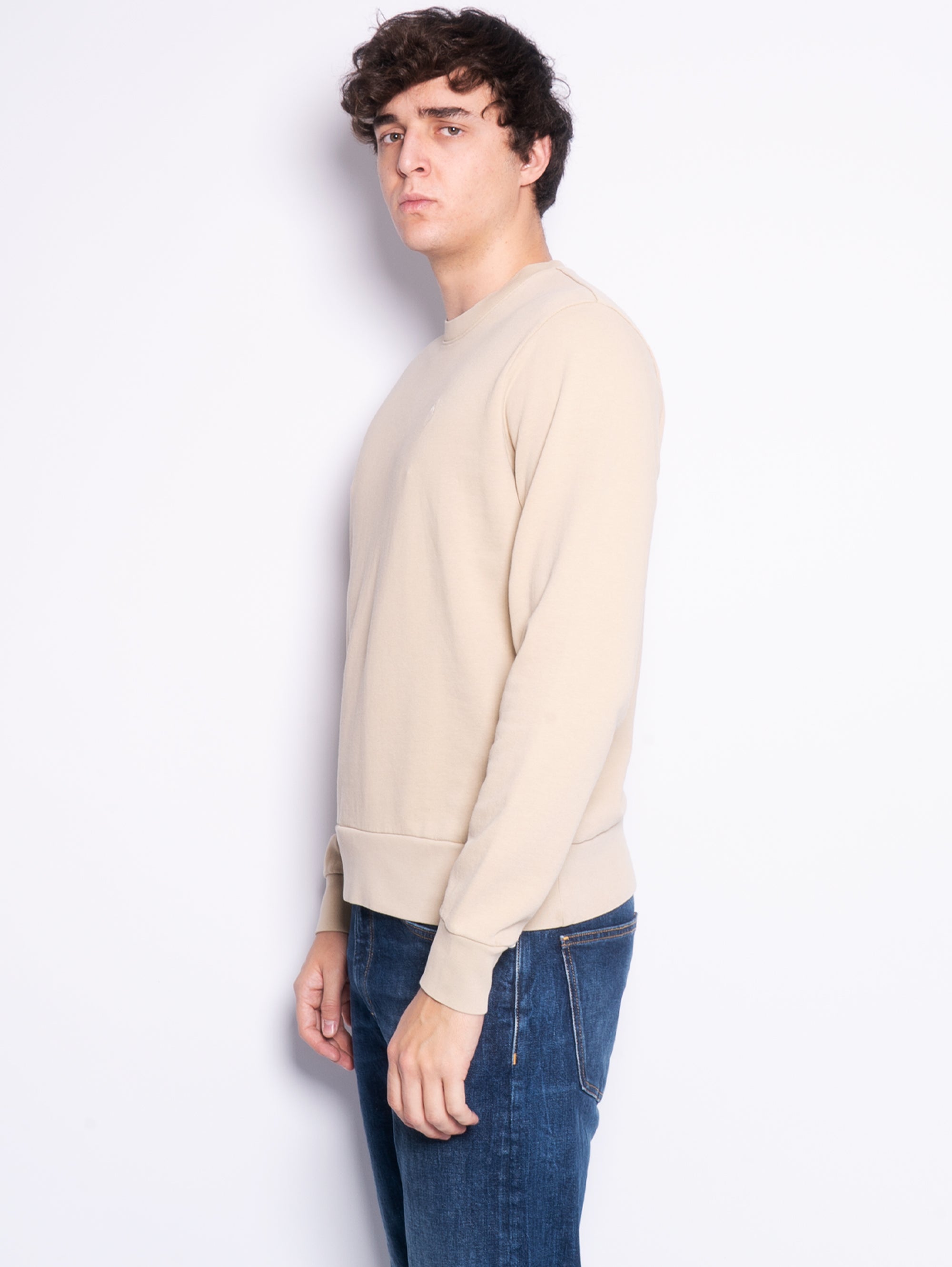 Beiges Loopback-Baumwoll-Sweatshirt mit Rundhalsausschnitt