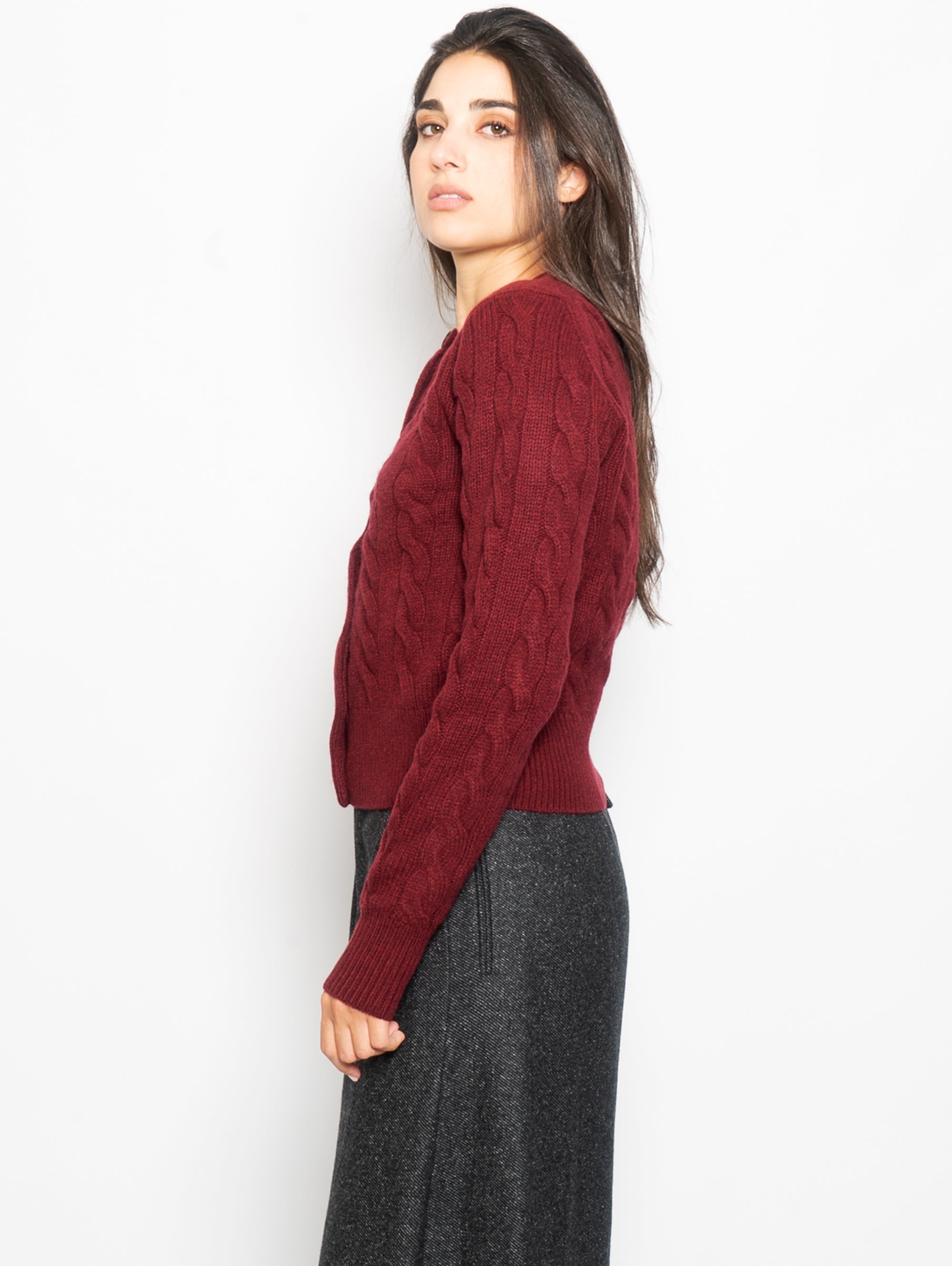 Cable Cardigan with Scalloped Closure Burgundy