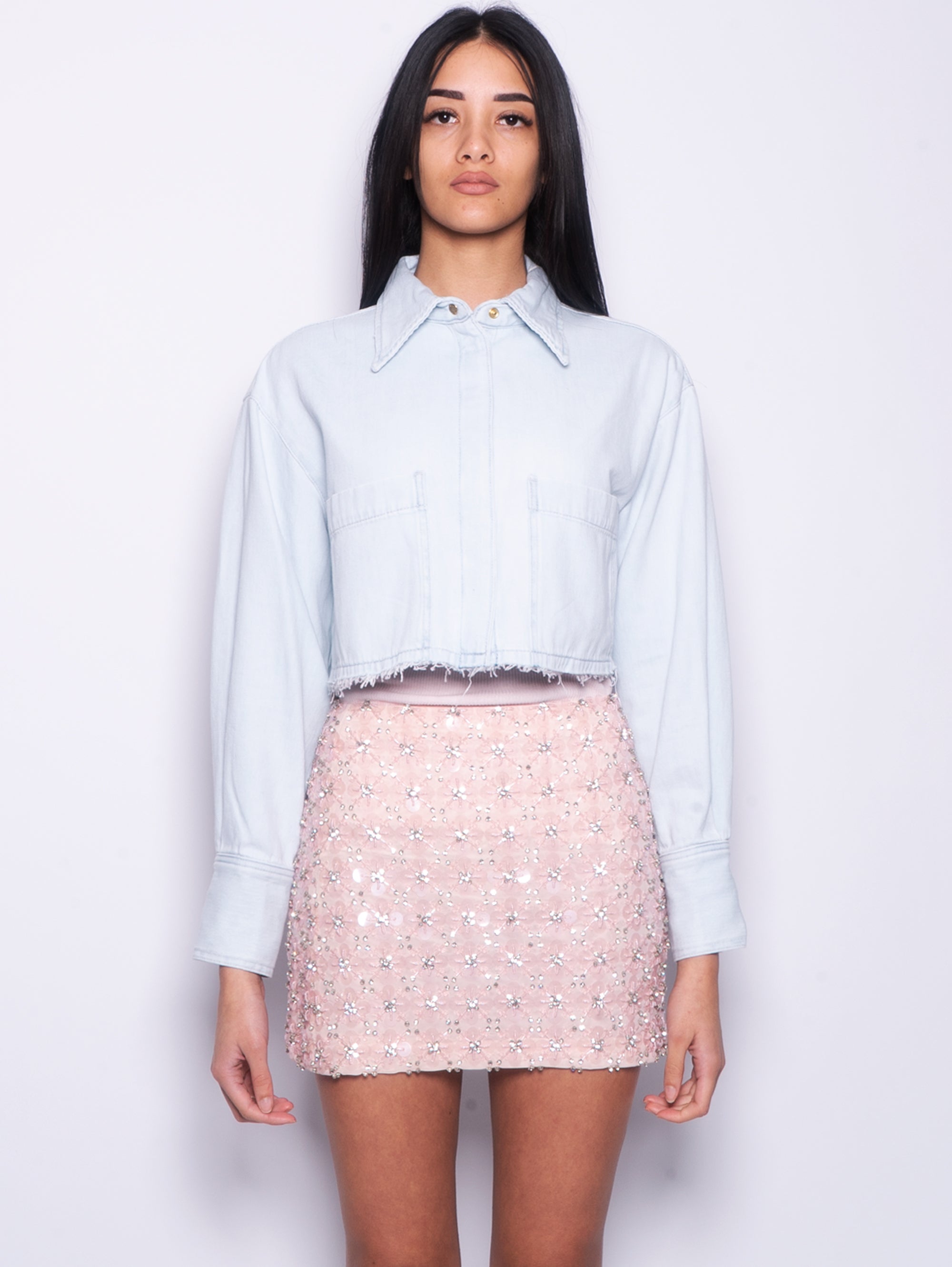 PINKO-Camicia Cropped in Denim Blu-TRYME Shop