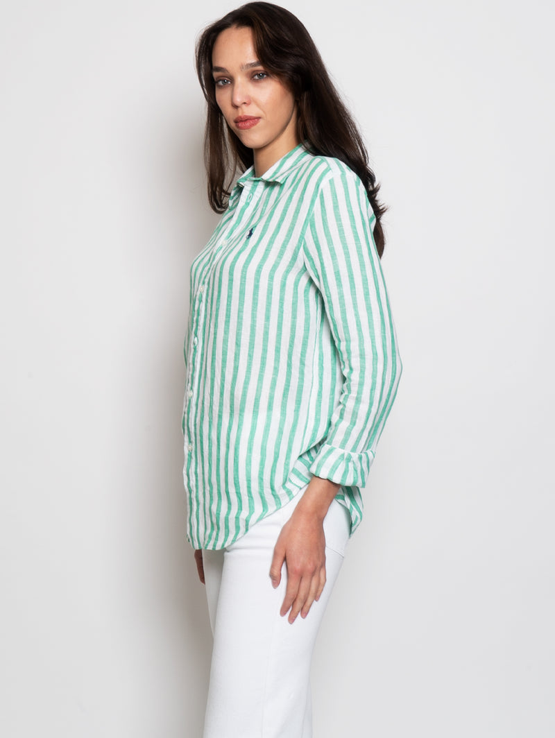 Camicia in Lino a Righe Verde/Bianco