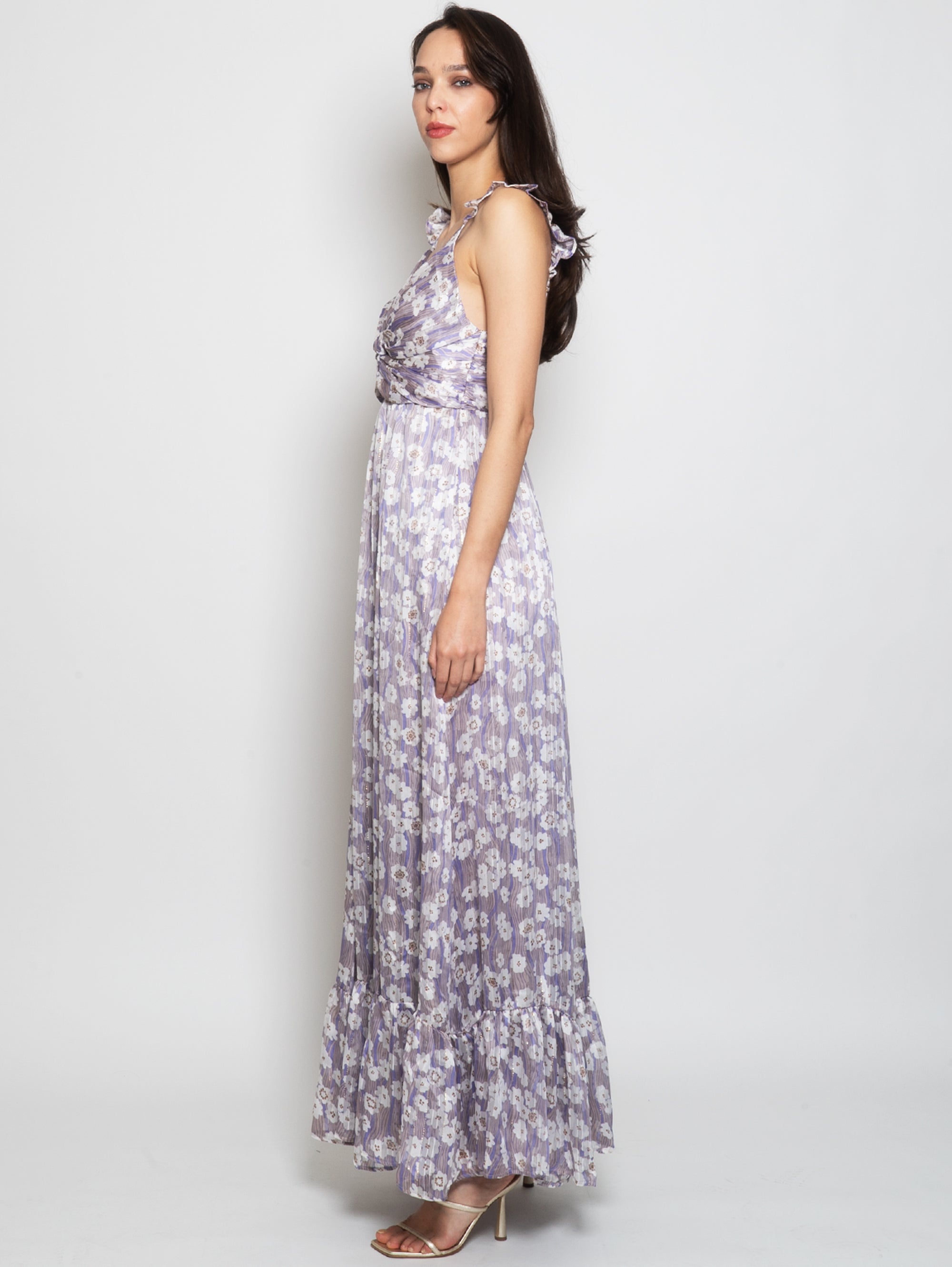 Lilac Floral Print Chiffon Long Dress