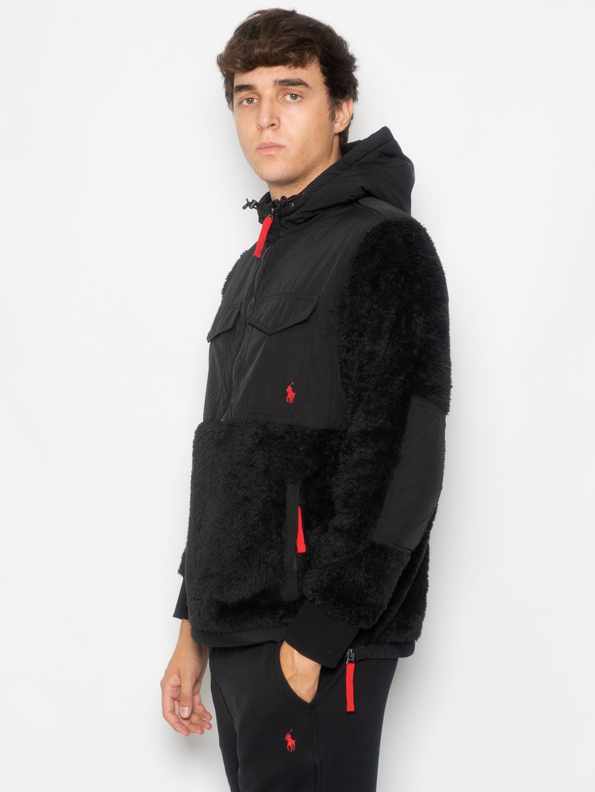 Fleece-Sweatshirt mit Kapuze und halbem Reißverschluss, Schwarz