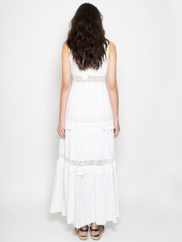 Abito Lungo con Pizzo Macramè Bianco