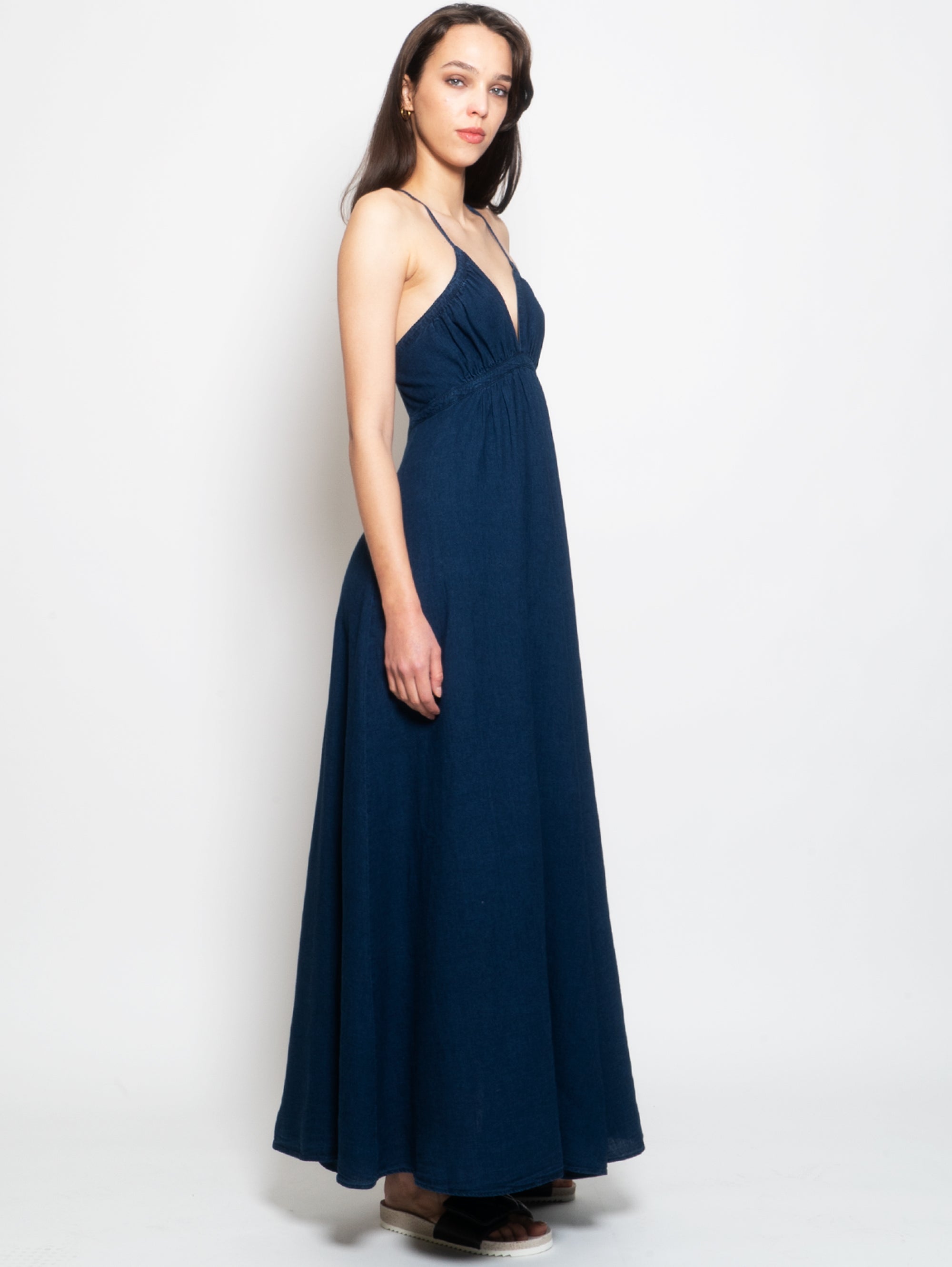 Long Blue V-Neck Linen Dress
