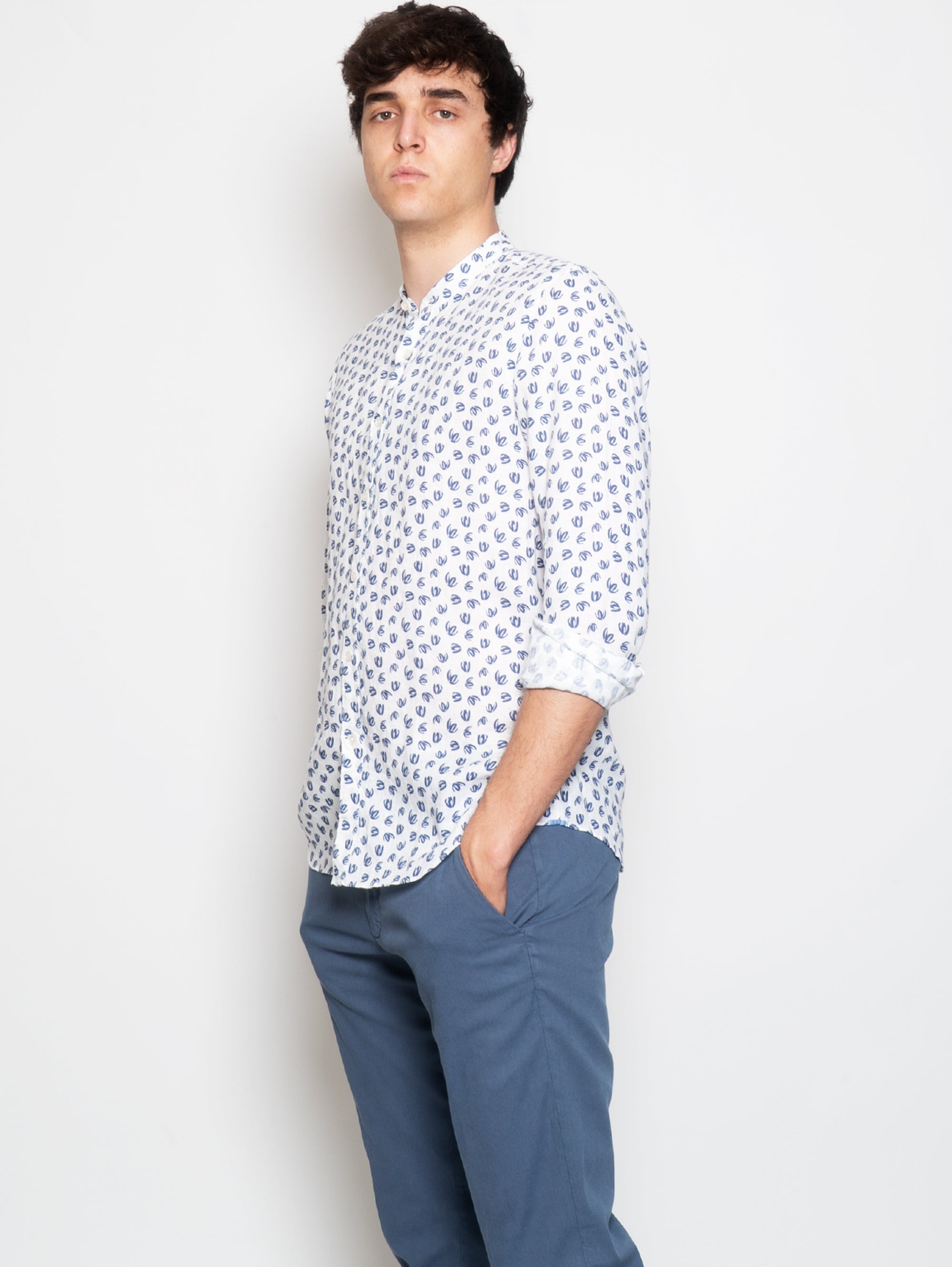 Camicia Coreana  in Lino Stampato Blu