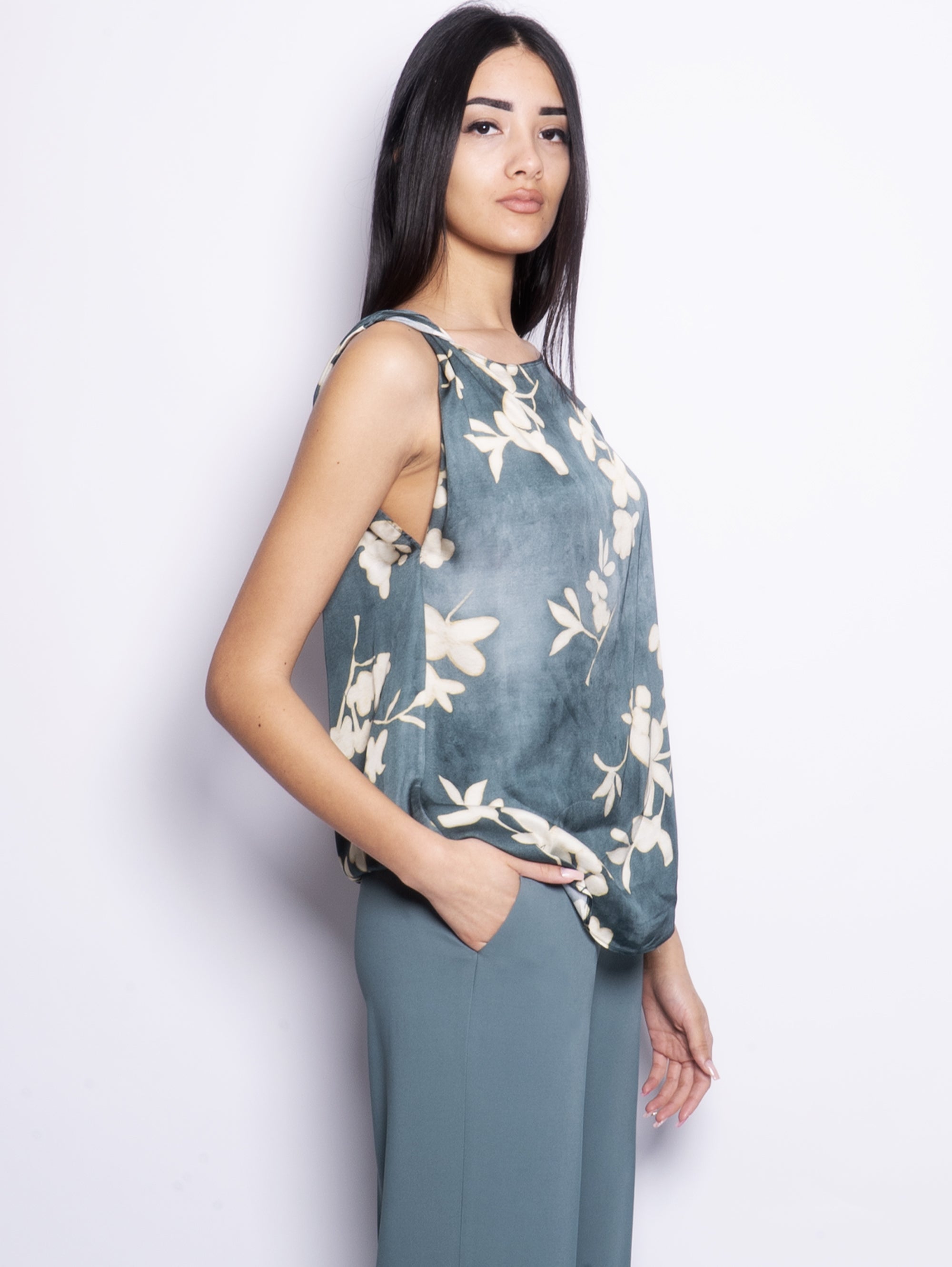 Viscose Top with Green Floral Print