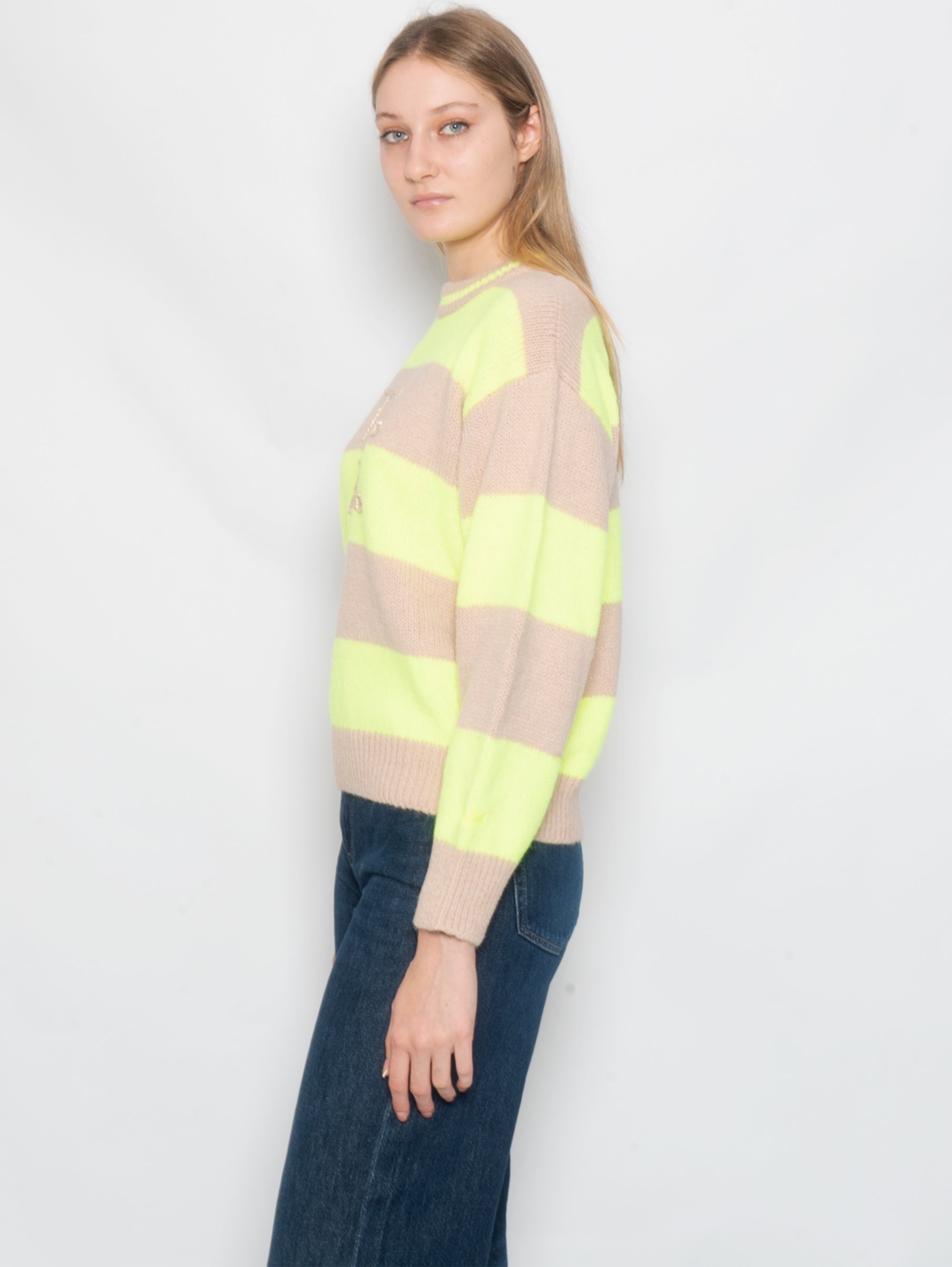 Danya Soft Beige/Fluo Yellow Crew Neck Sweater