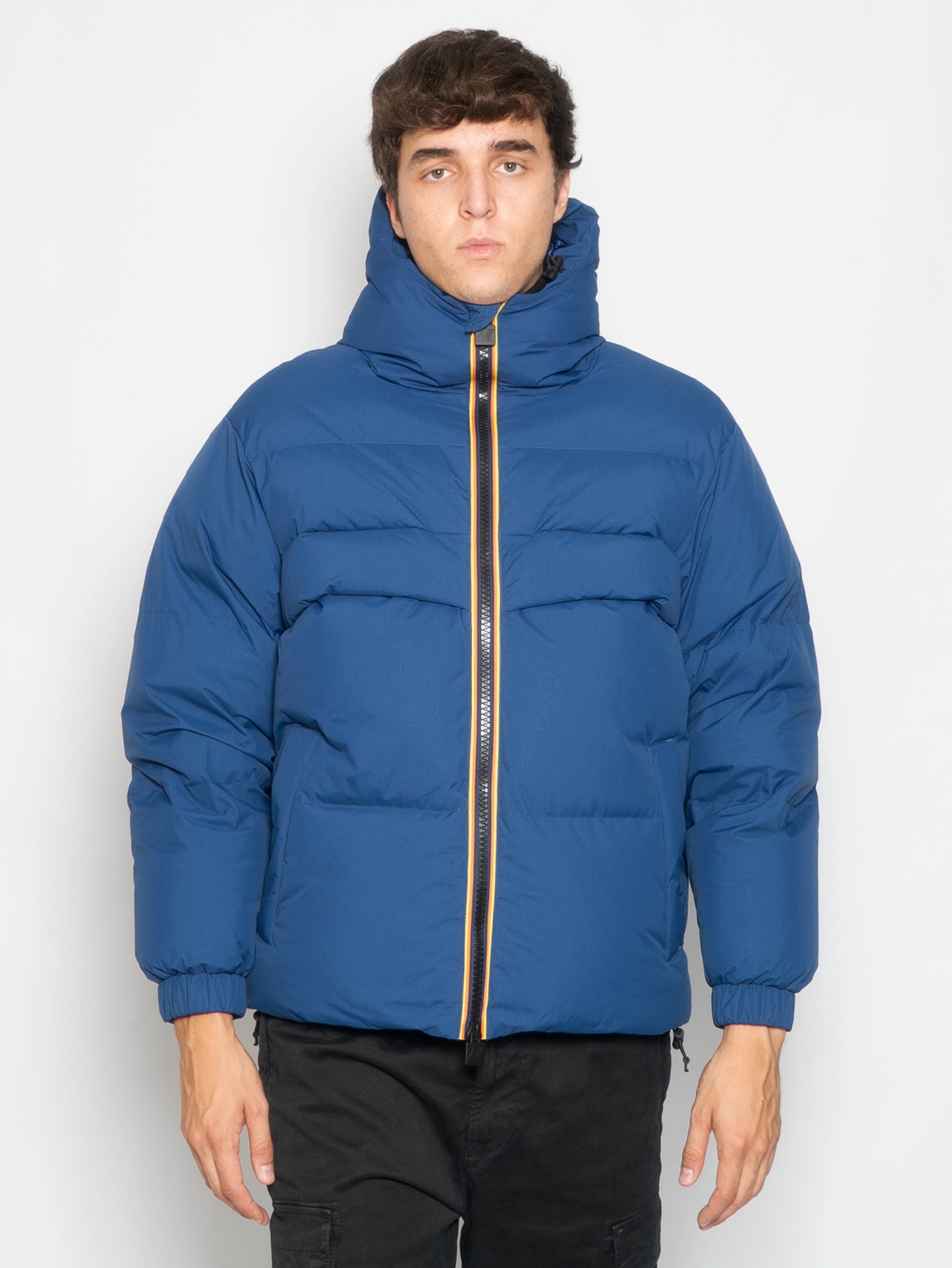 Recycled Nylon Down Jacket with Cobalt Hood
