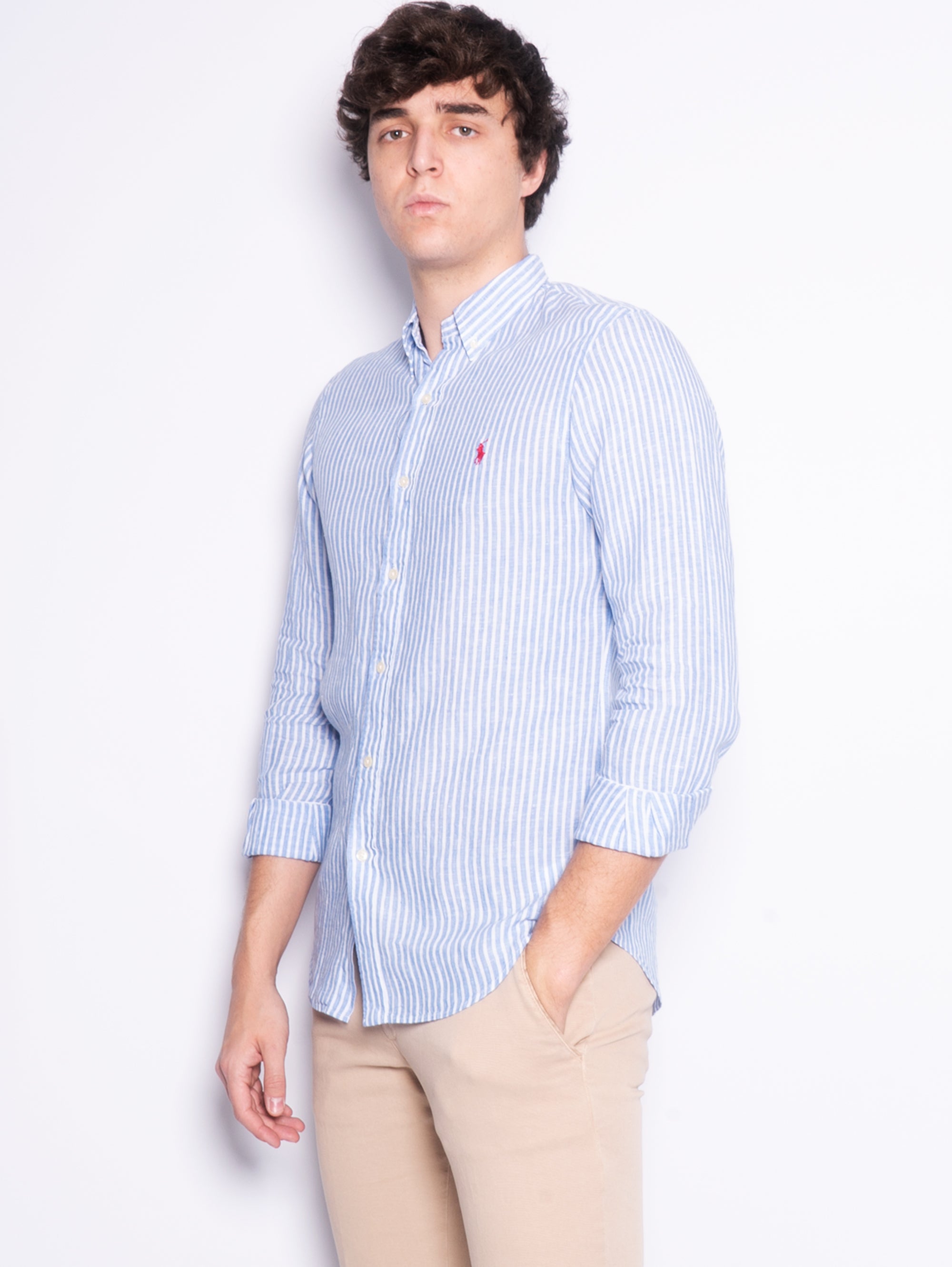 Light Blue/White Slim Fit Striped Linen Shirt