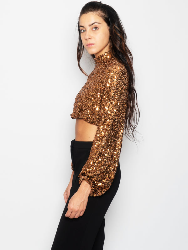 Karamellfarbenes, langärmliges Crop-Top mit Pailletten