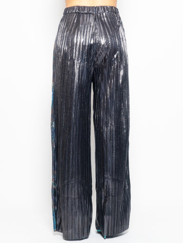 Broek van geplooid lamé met bronskleurige finish