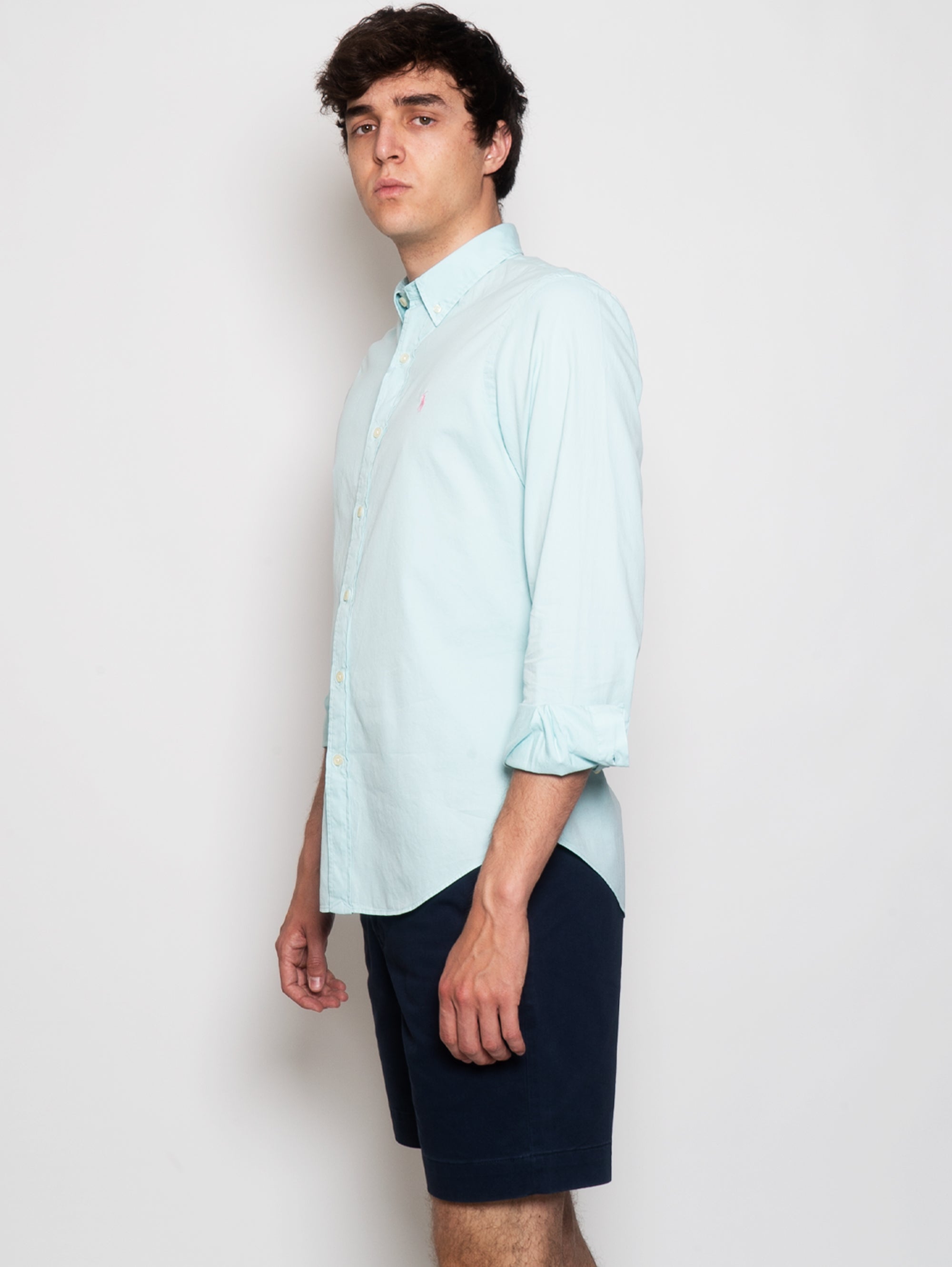 Slim Fit Shirt in Aqua Cotton Twill