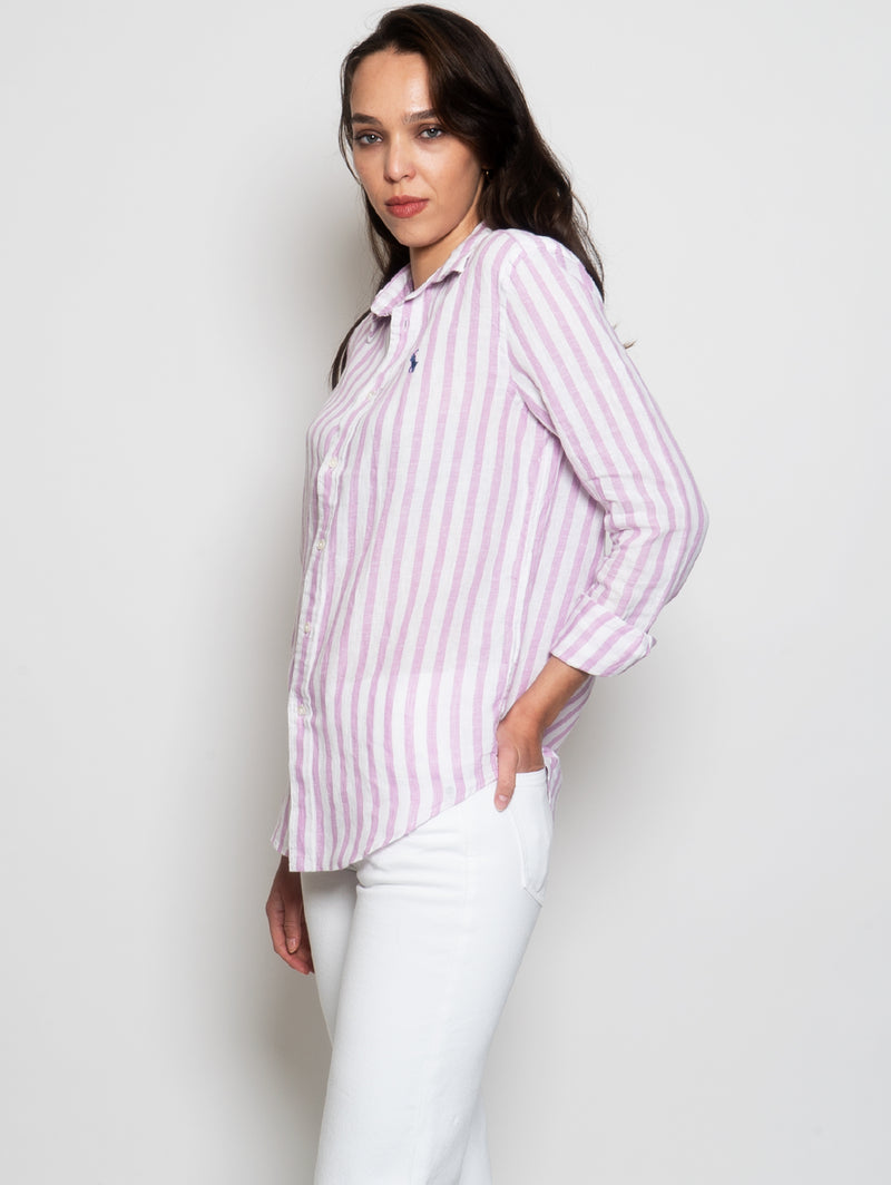 Camicia in Lino a Righe Lilla/Bianco