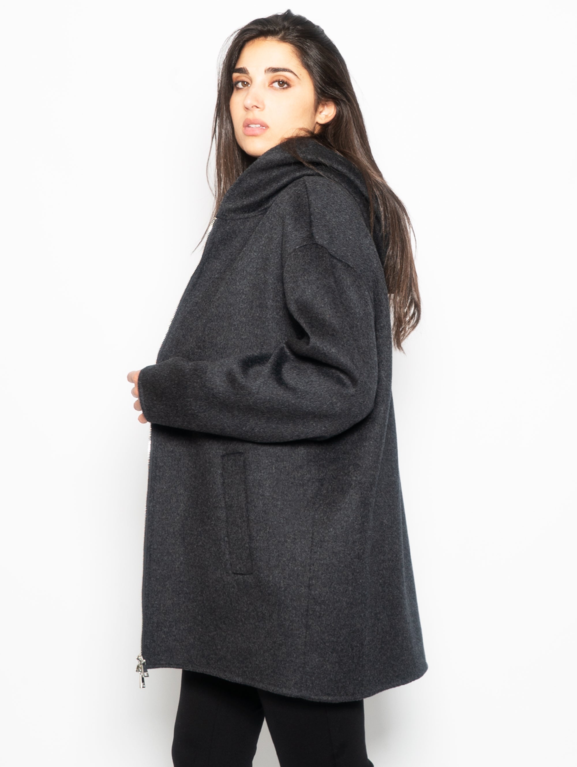 Coat with Zip in Anthracite Wool Cloth