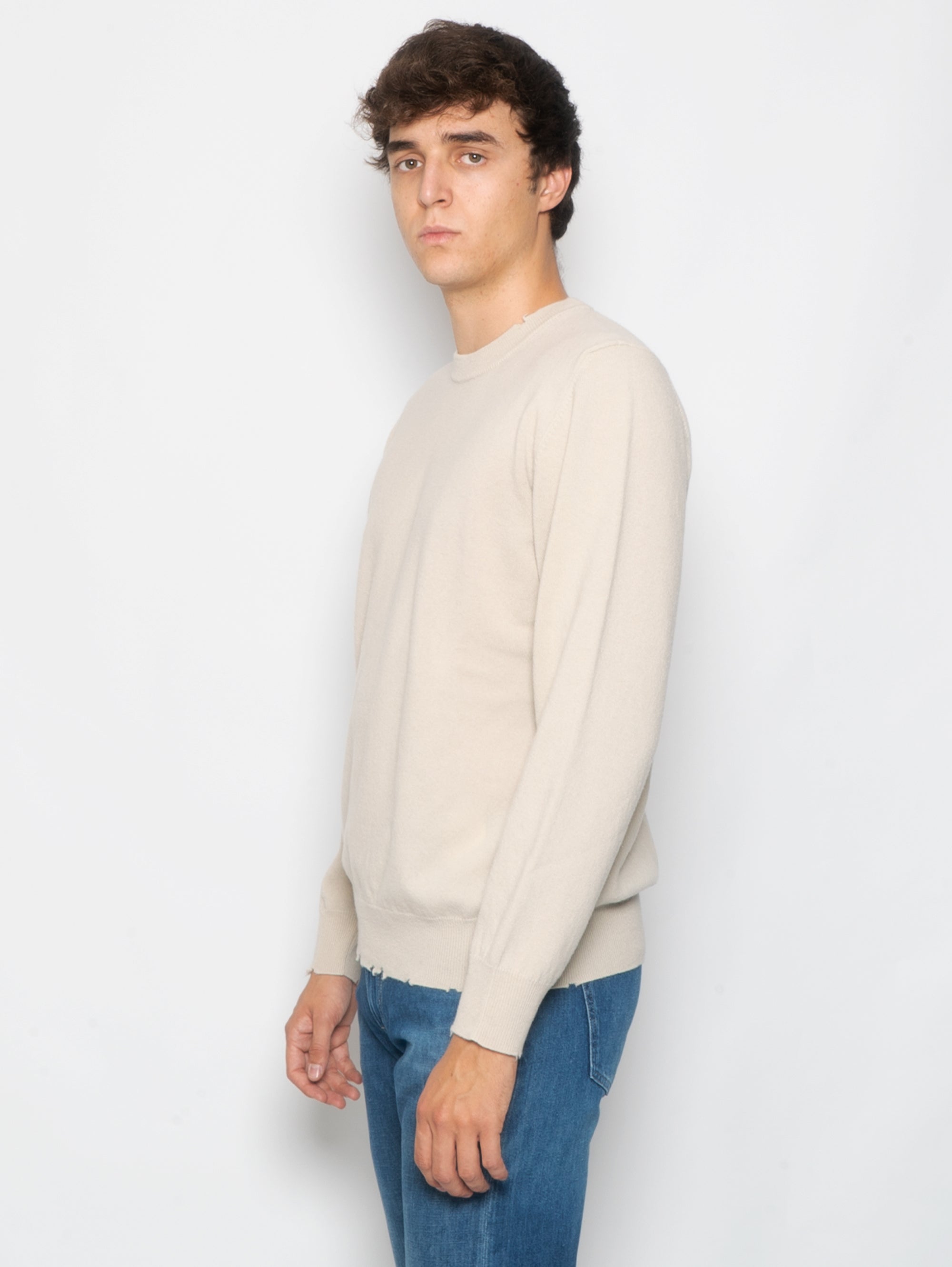 Beige Crew Neck Sweater with Cut Hem