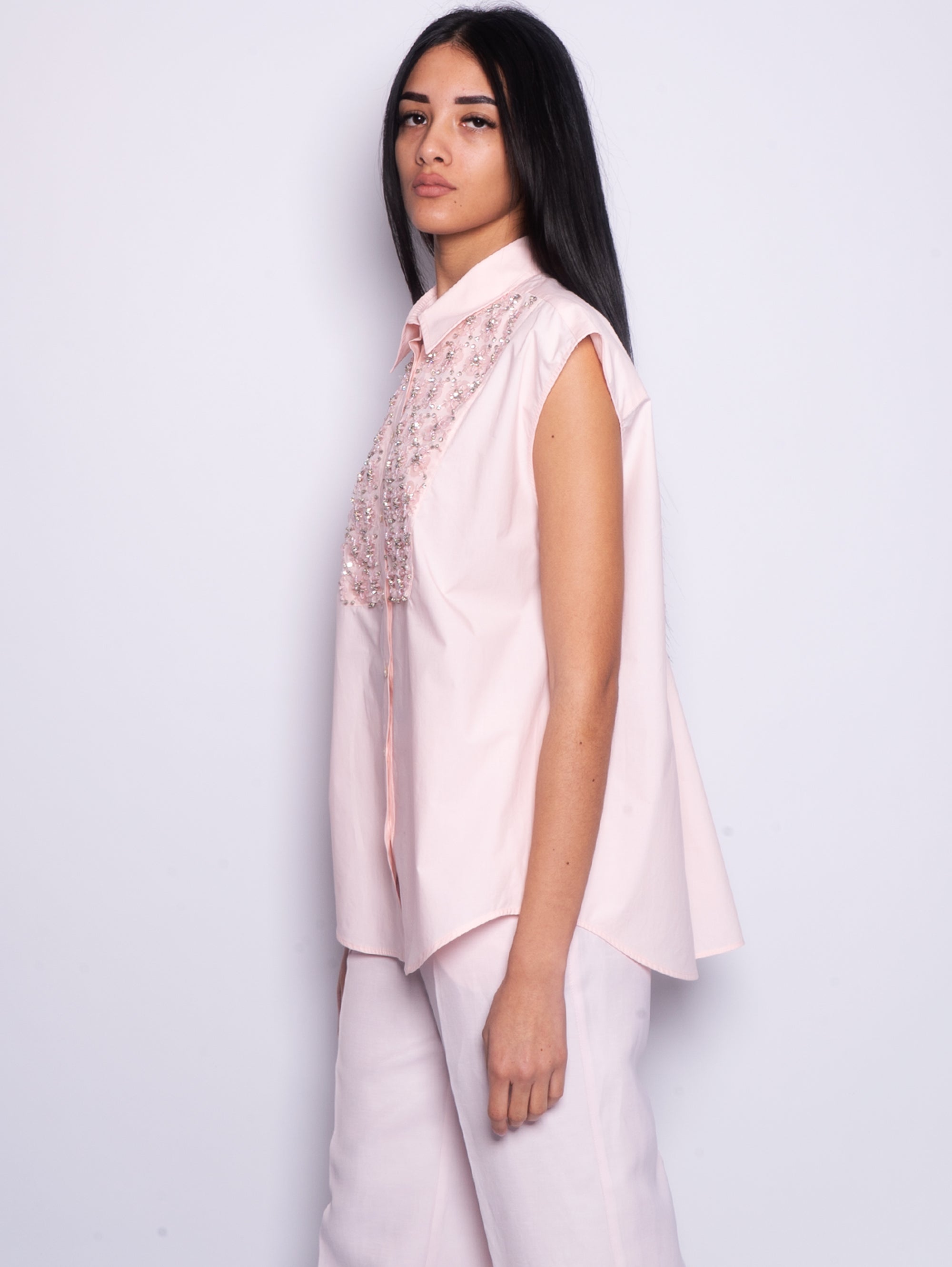Shirt with Peach Blossom Crystal and Sequin Embroidery